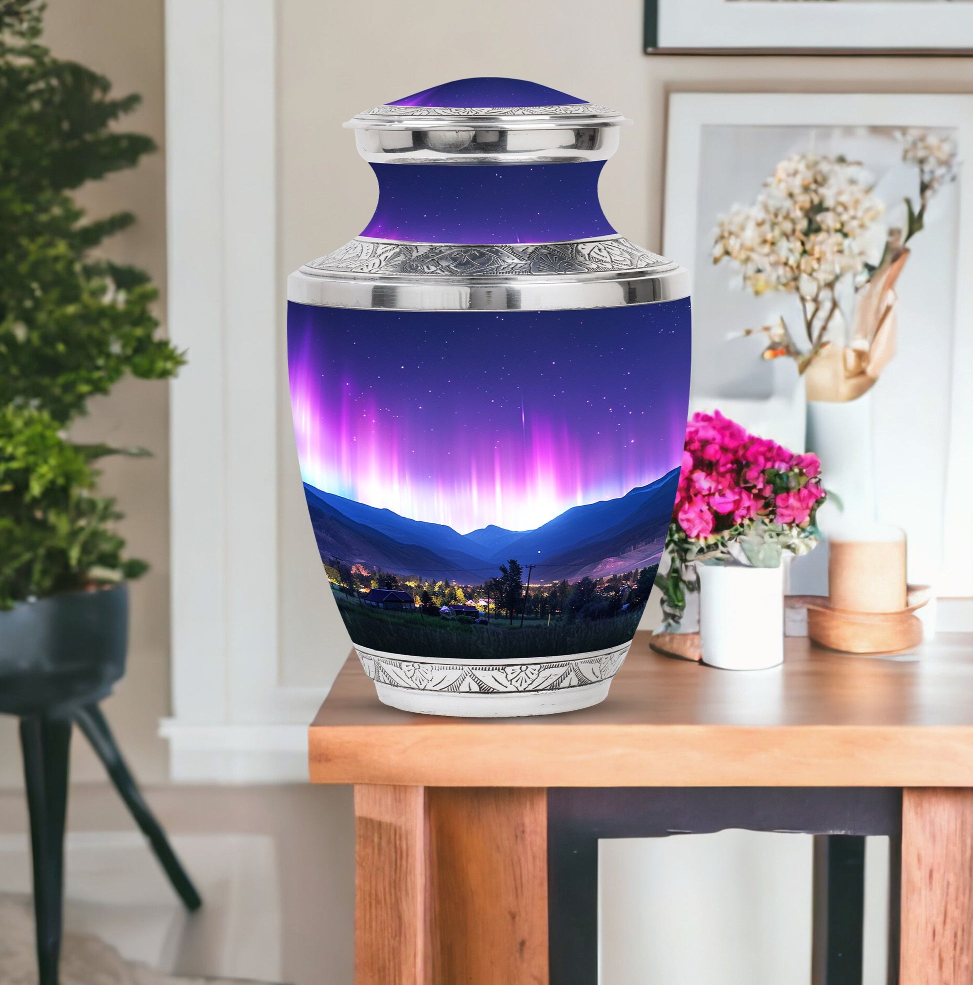 Aurora Borealis Theme Large Urn With 1 Keepsake Urn