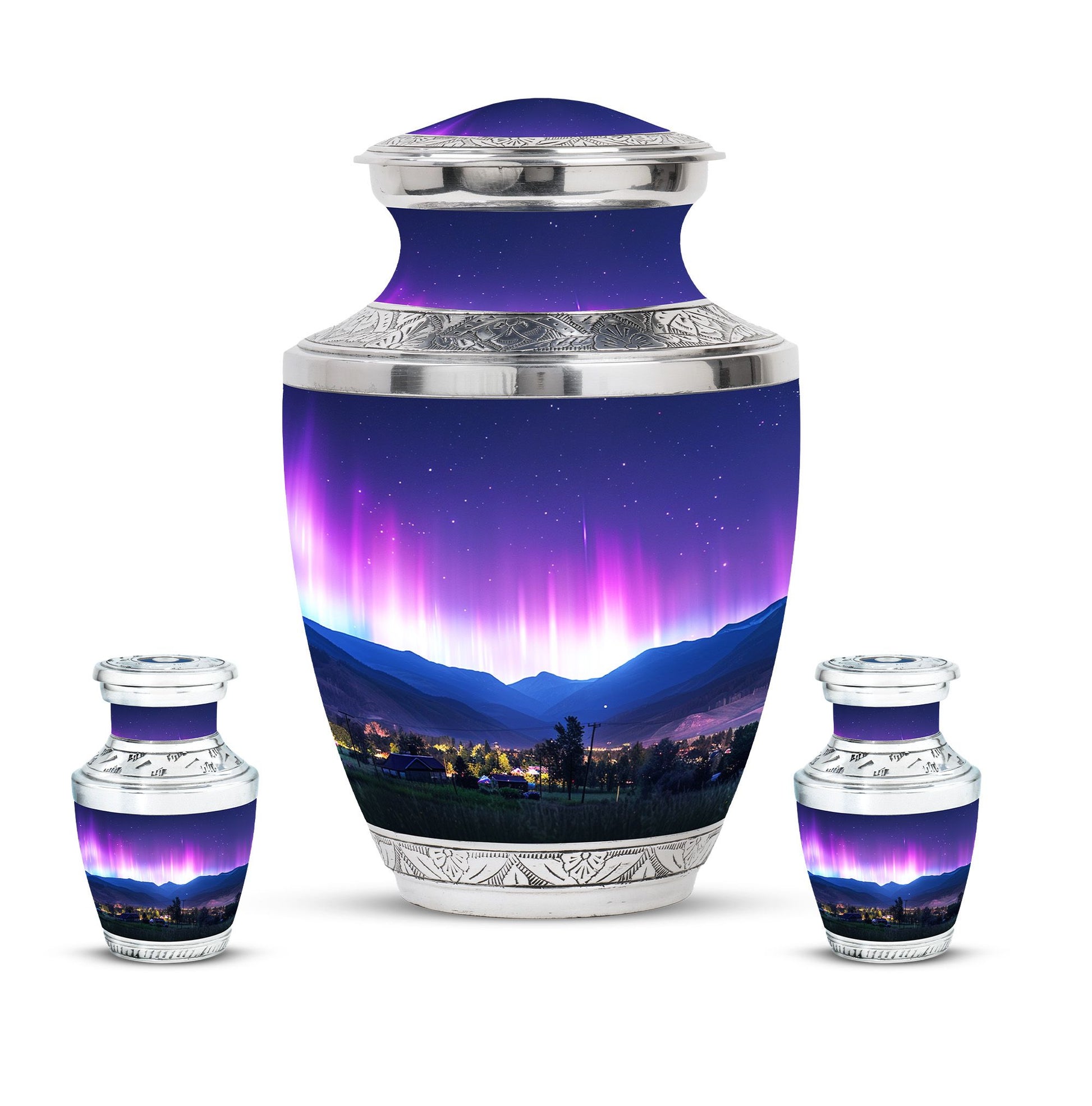 Aurora Borealis Theme Large Urn With 2 Keepsake Urn