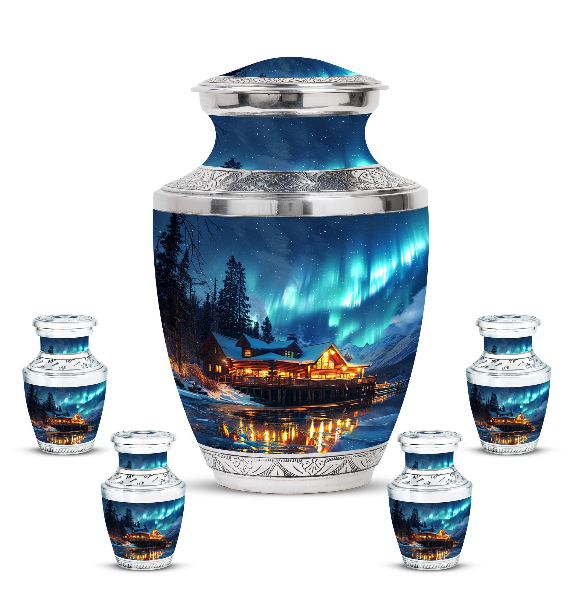 Aurora Borealis Borealis Theme Large Urn With 4 Keepsake Urn