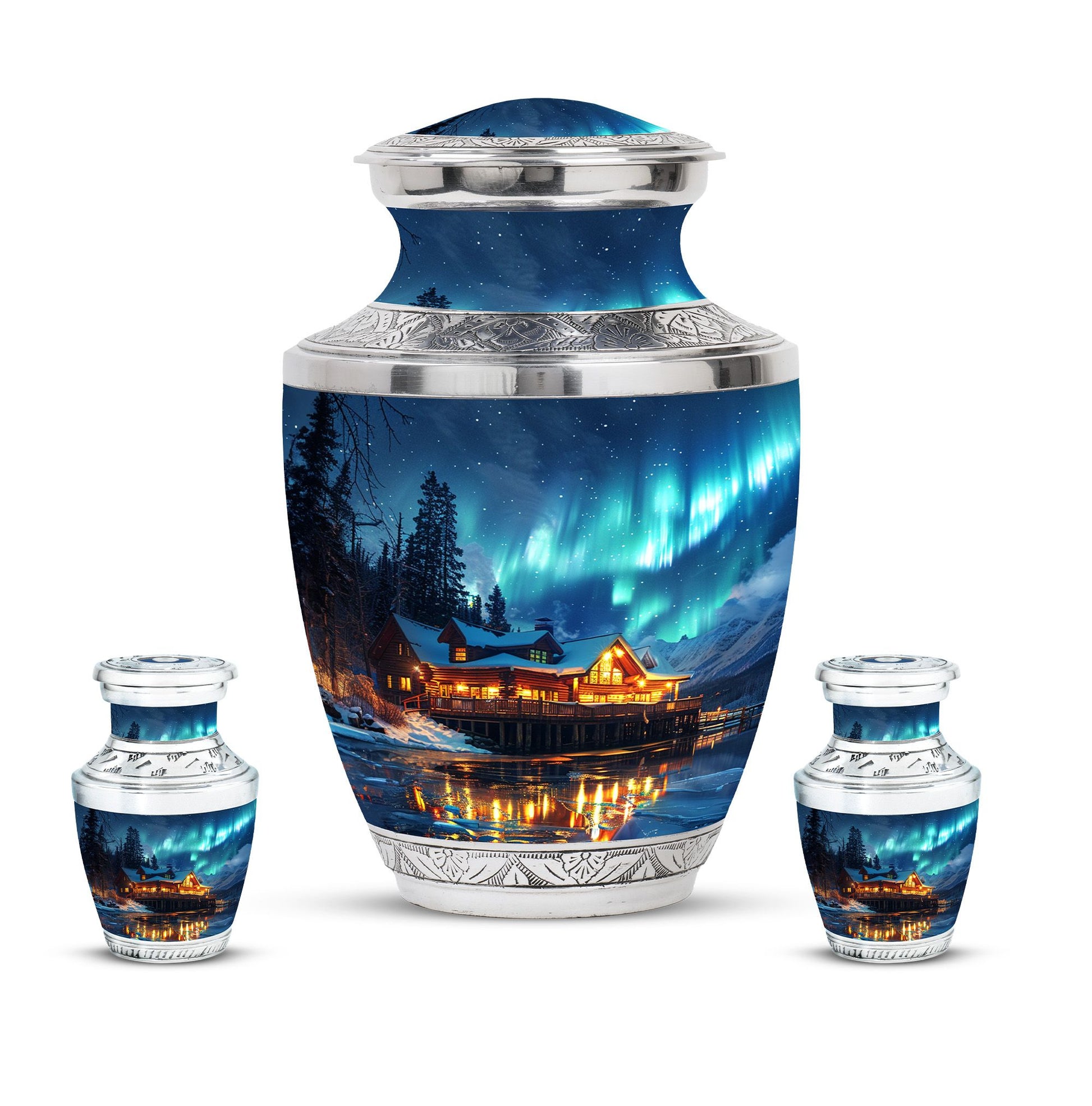 Aurora Borealis Borealis Theme Large Urn With 2 Keepsake Urn