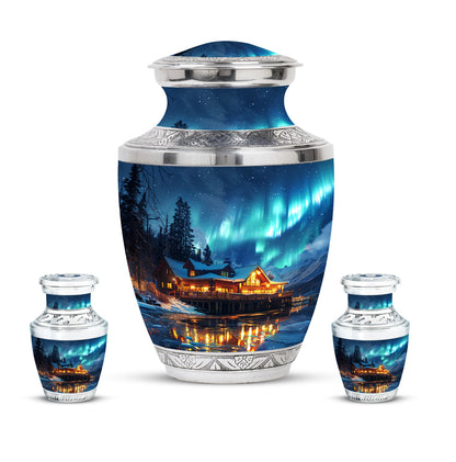 Aurora Borealis Borealis Theme Large Urn With 2 Keepsake Urn