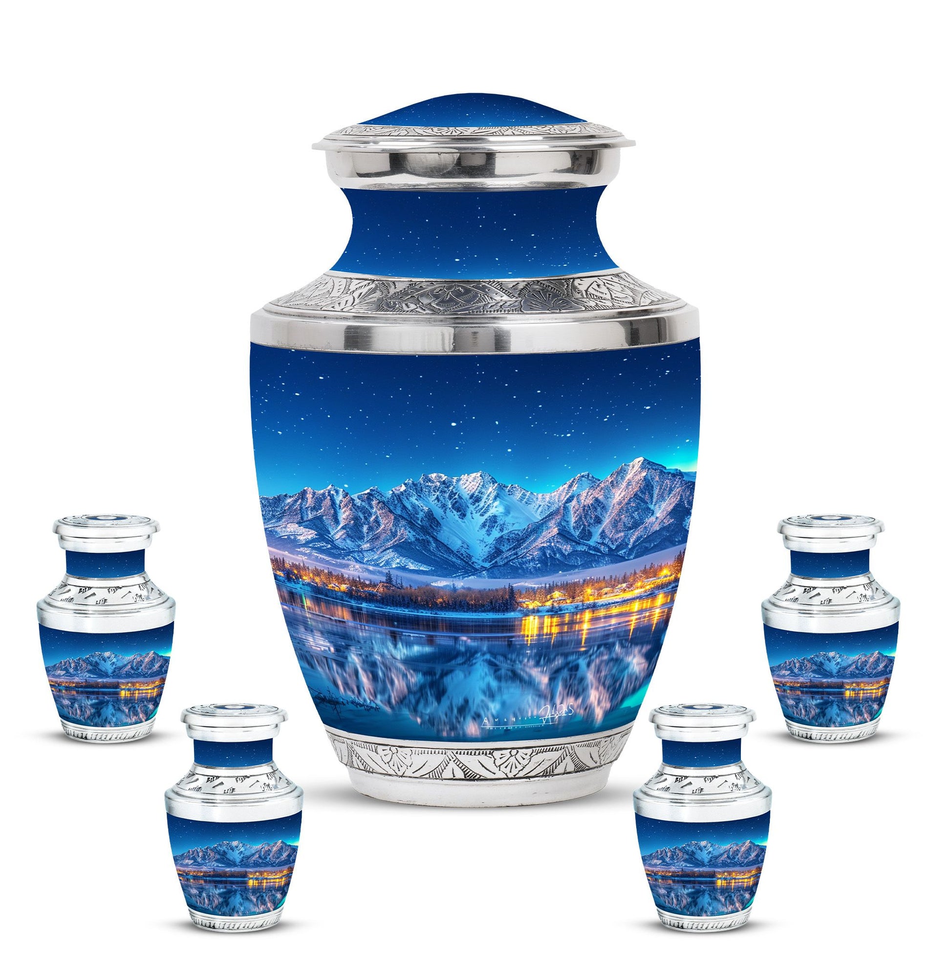 Aurora Borealis Theme Large Urn With 4 Keepsake Urn