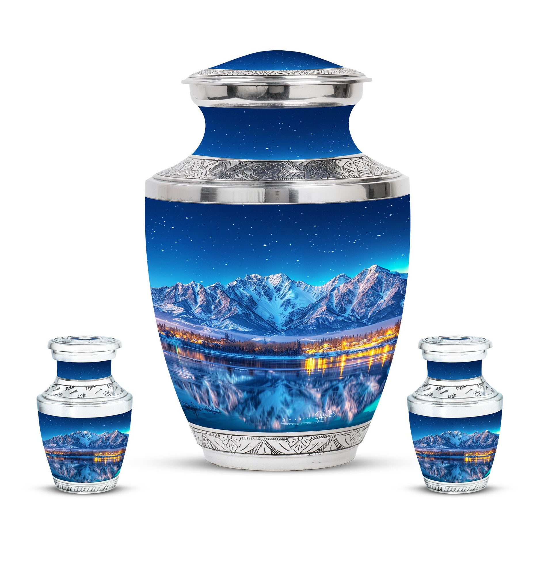 Aurora Borealis Theme Large Urn With 2 Keepsake Urn