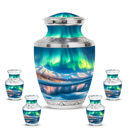 Aurora Borealis Theme Large Urn With 4 Keepsake Urn