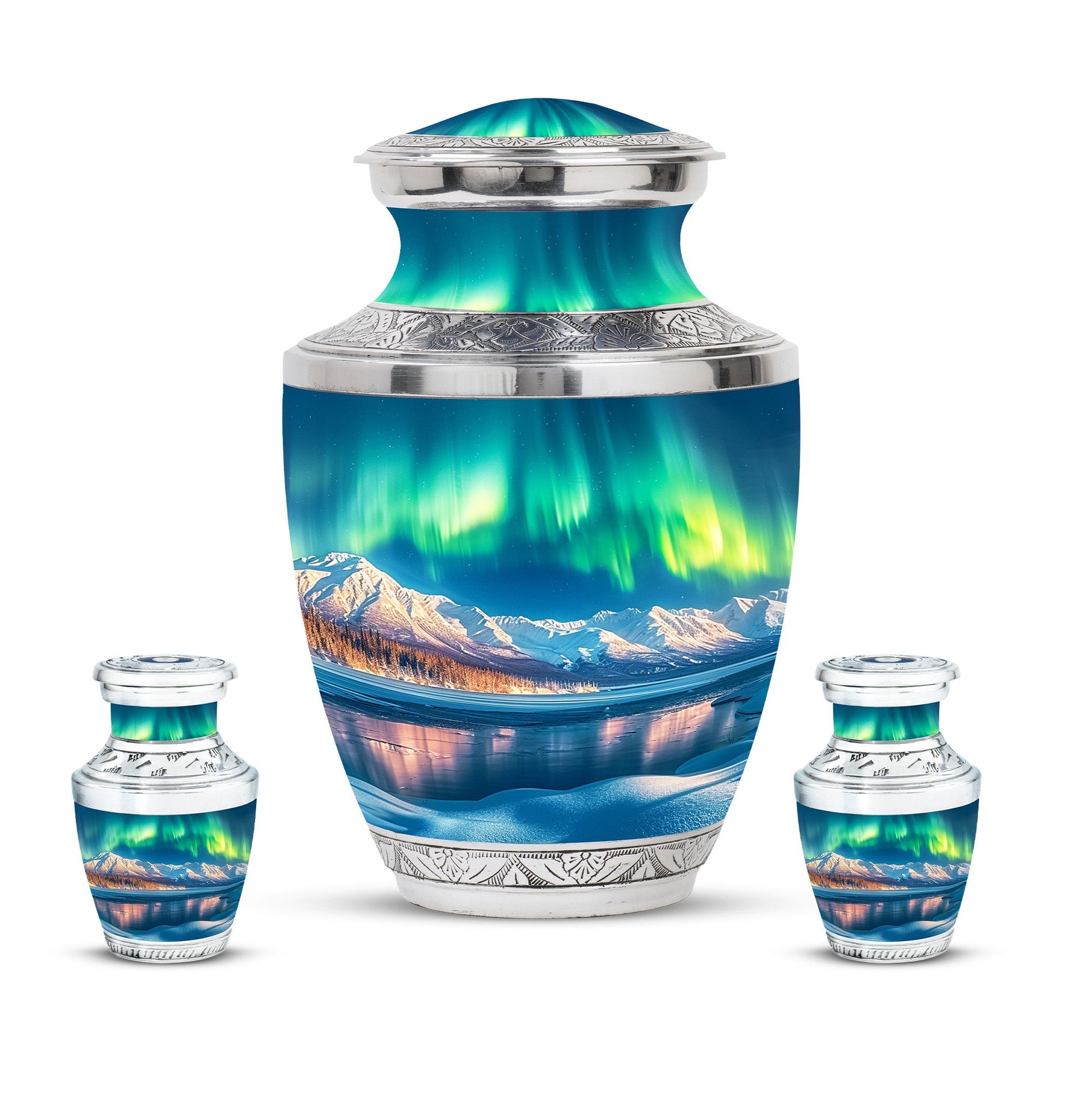 Aurora Borealis Theme Large Urn With 2 Keepsake Urn