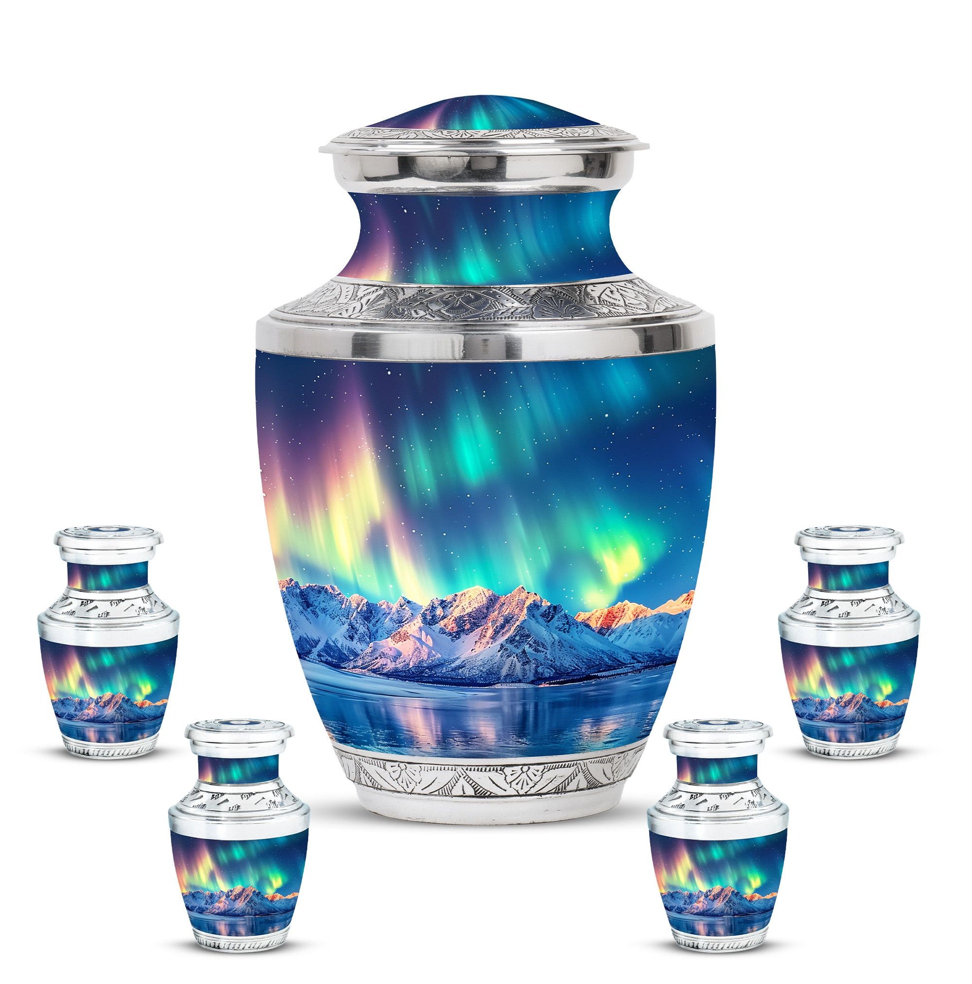 Aurora Borealis Theme Large Urn With 4 Keepsake Urn
