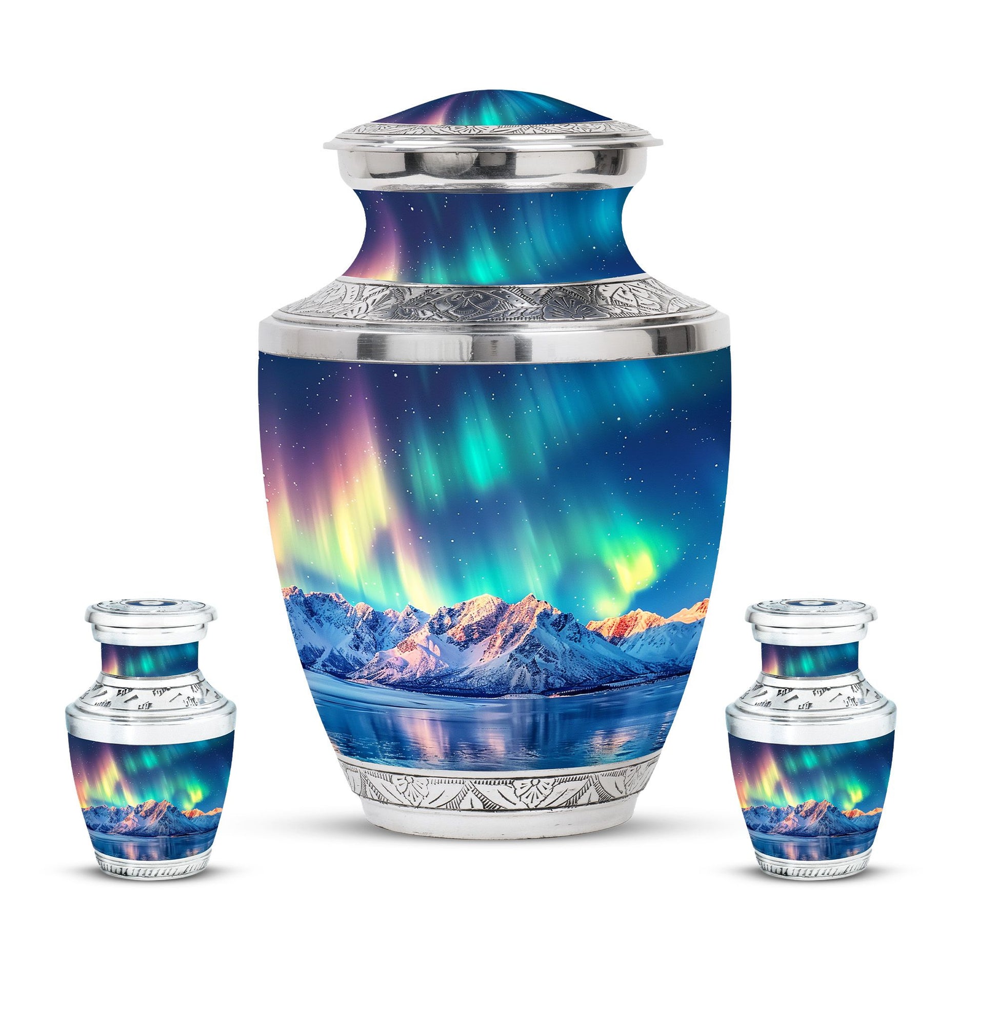 Aurora Borealis Theme Large Urn With 2 Keepsake Urn
