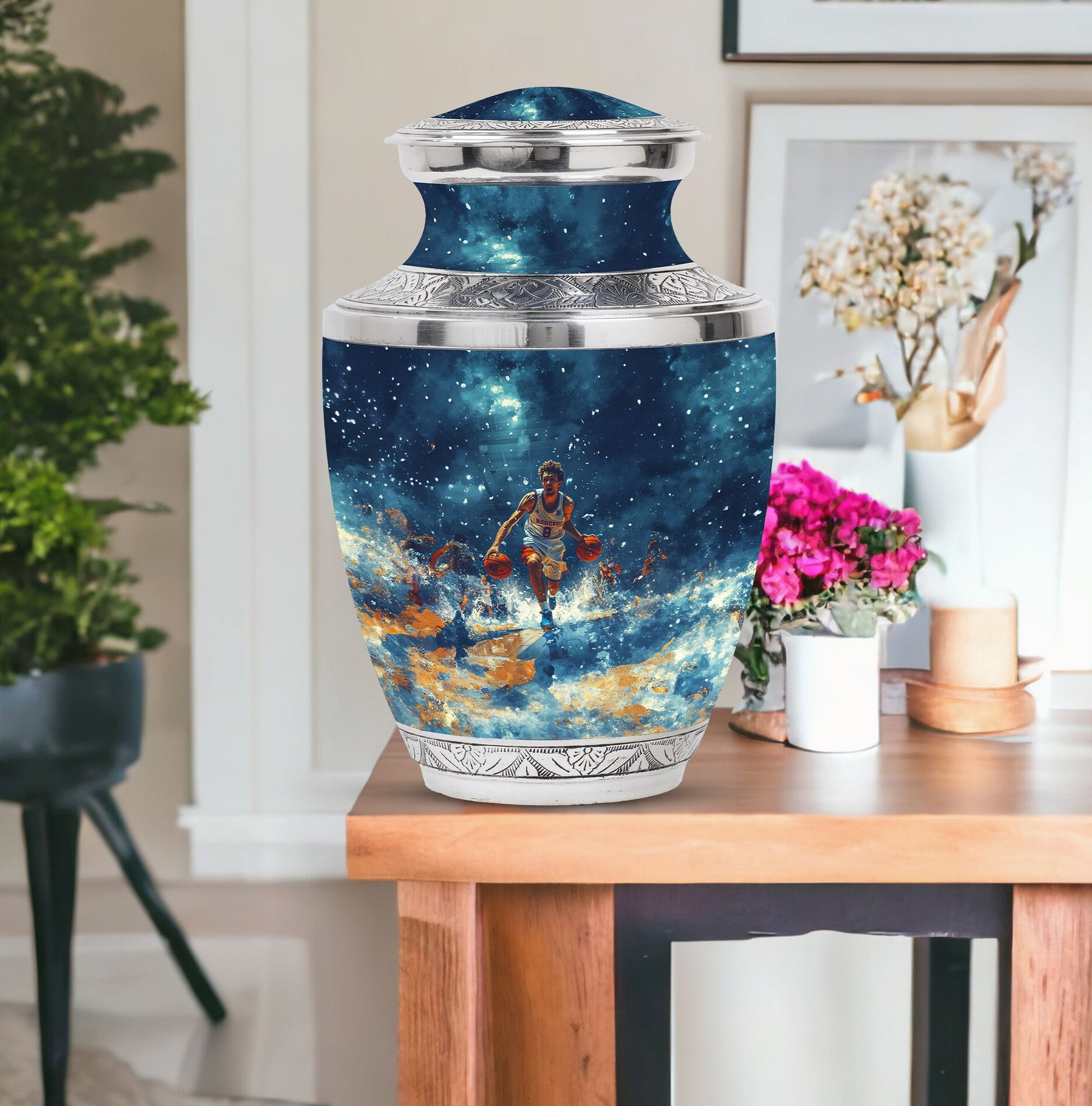 Basketball Theme Large Urn With 1 Keepsake Urn