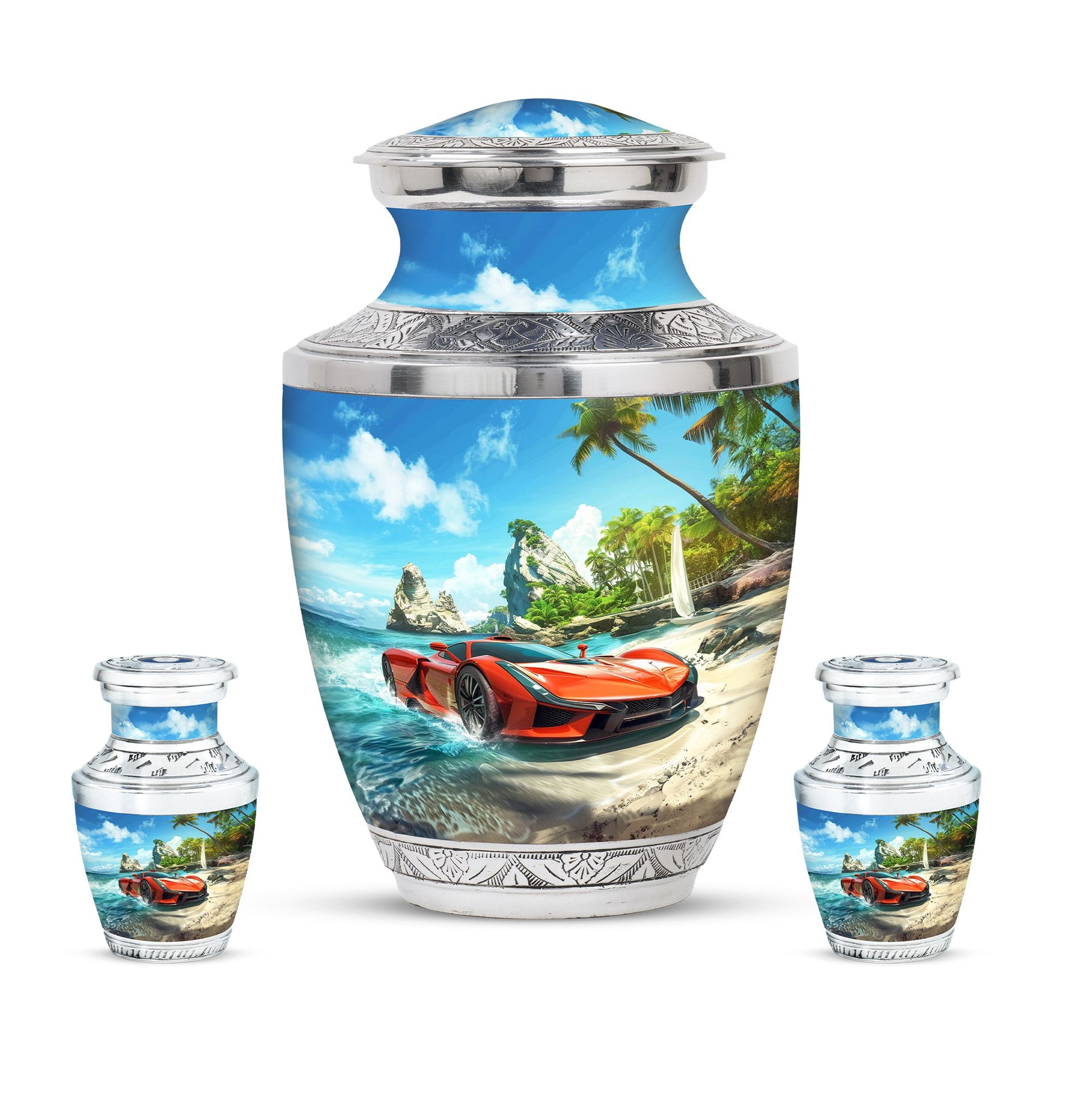 Car Theme Large Urn With 2 Keepsake Urn