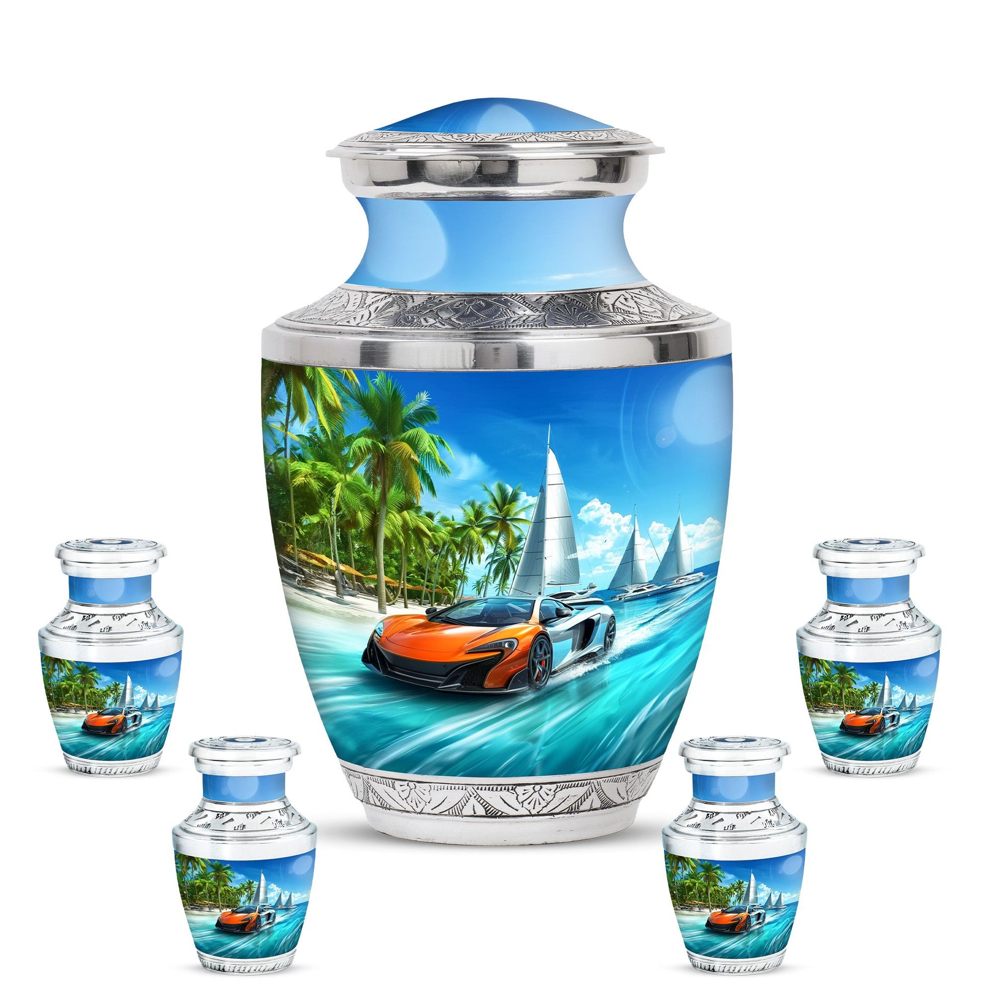 Car Theme Large Urn With 4 Keepsake Urn