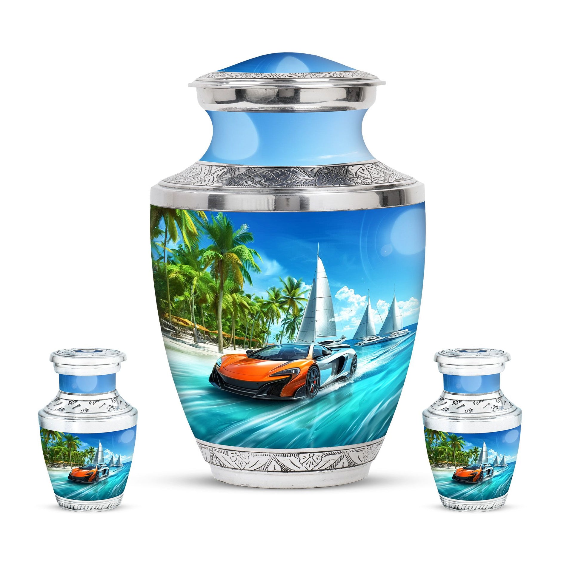 Car Theme Large Urn With 2 Keepsake Urn