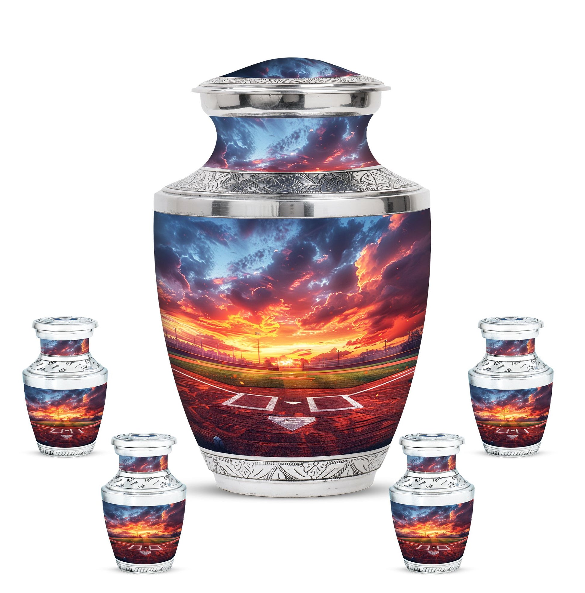 Baseball Theme Large Urn With 4 Keepsake Urn
