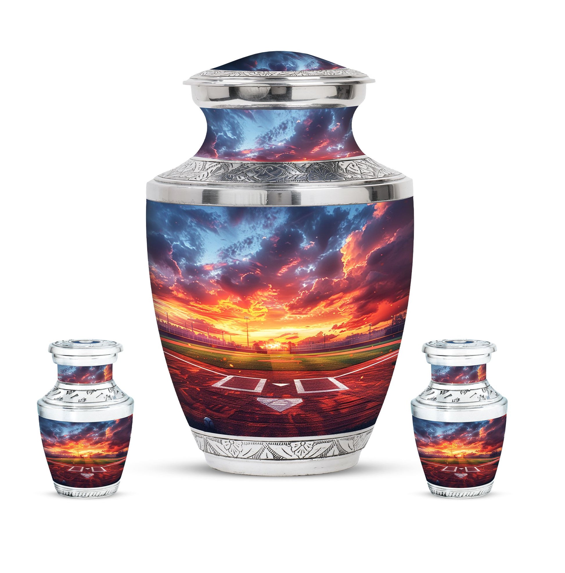Baseball Theme Large Urn With 2 Keepsake Urn