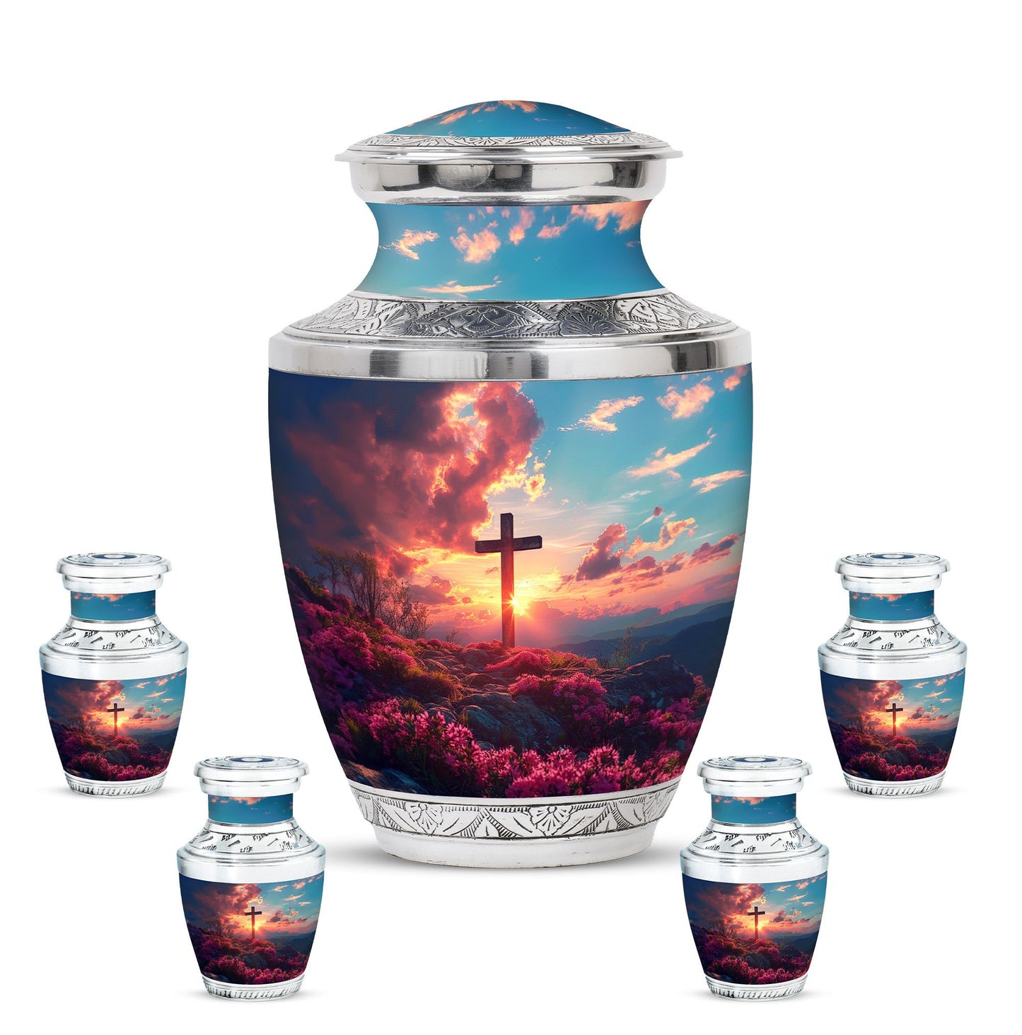 Cross Theme Large Urn With 4 Keepsake Urn