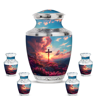 Cross Theme Large Urn With 4 Keepsake Urn