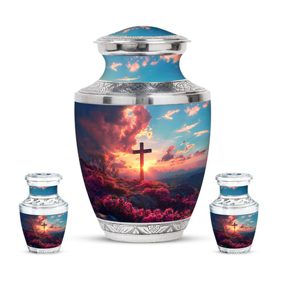 Cross Theme Large Urn With 2 Keepsake Urn