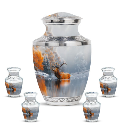 Deer Theme Large Urn With 4 Keepsake Urn
