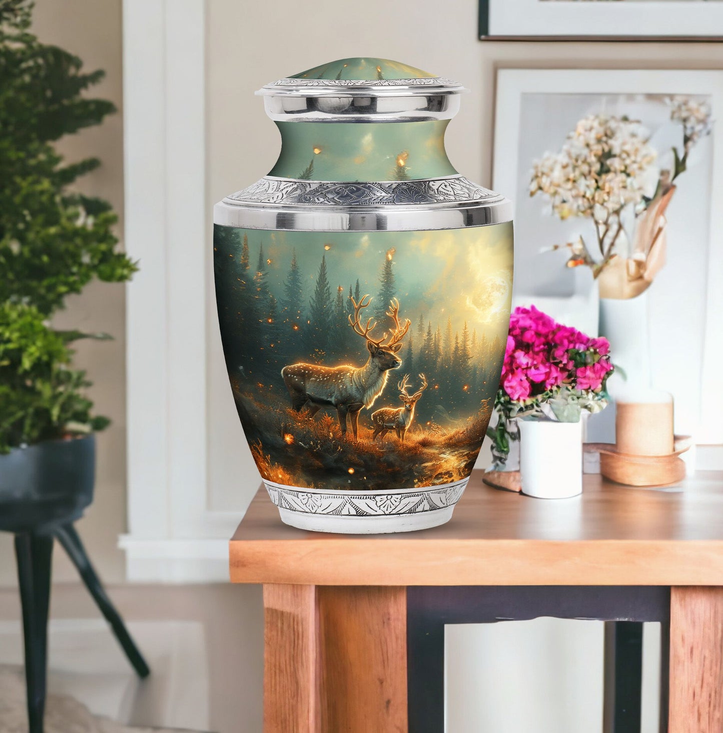 Deer Family Theme Large Urn With 1 Keepsake Urn