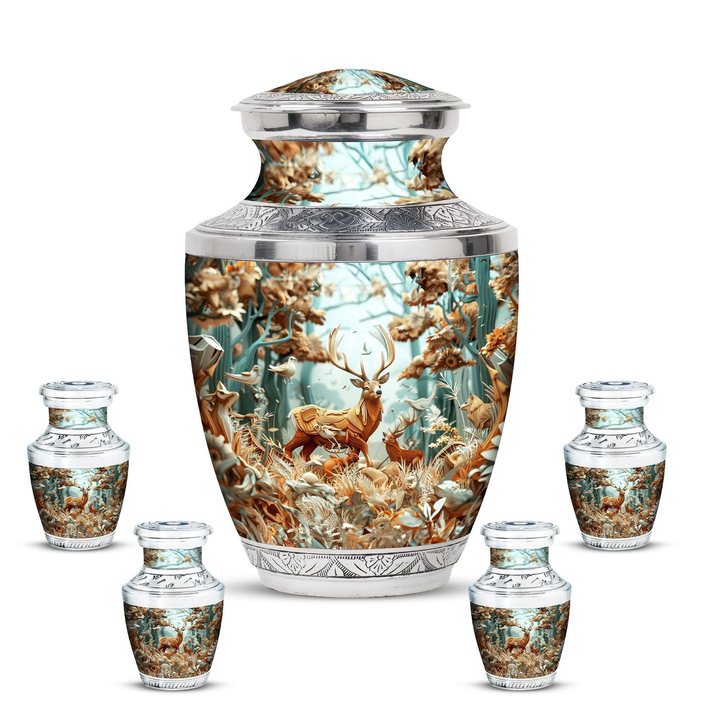 Deer Family Theme Large Urn With 4 Keepsake Urn