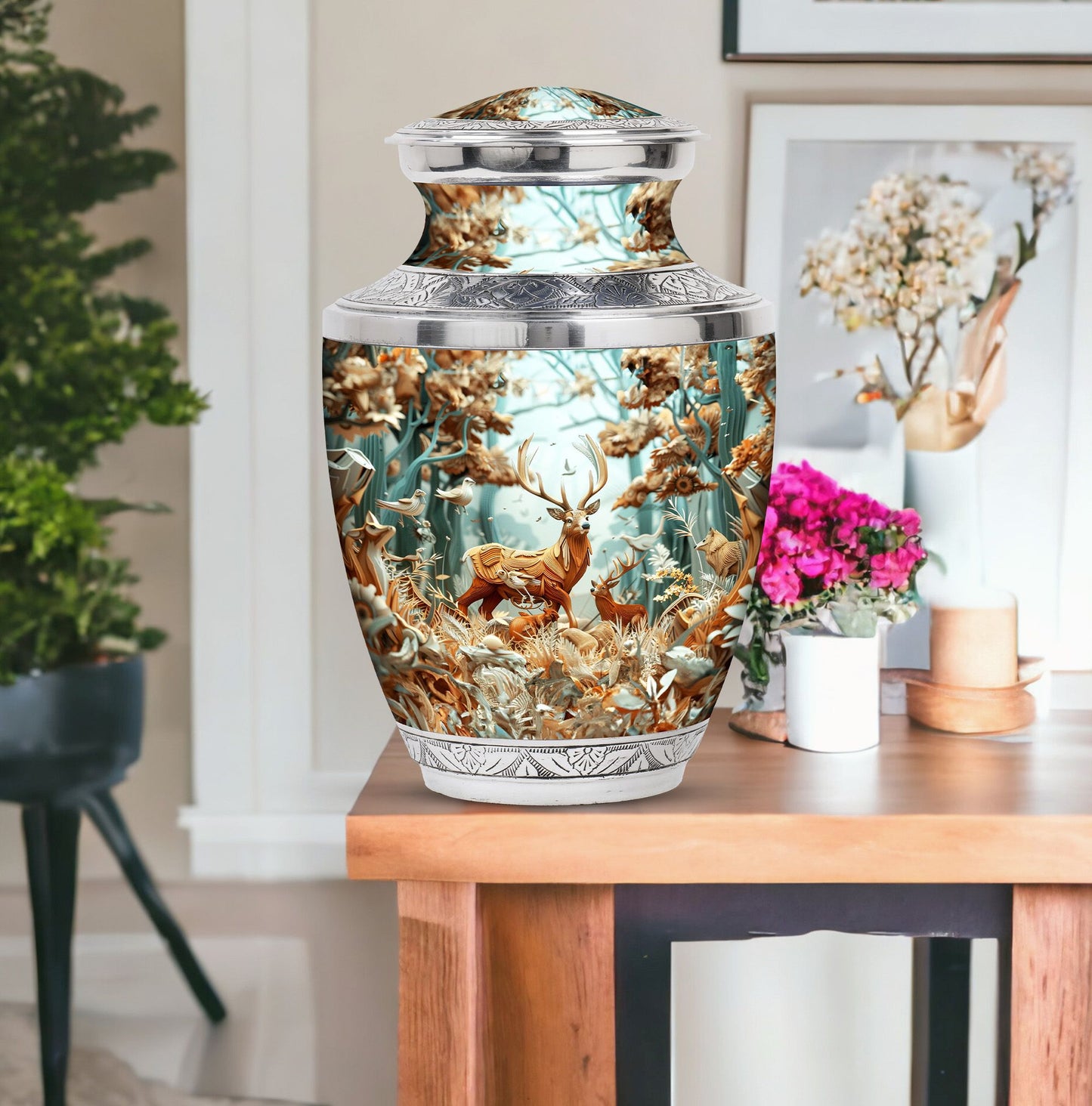 Deer Family Theme Large Urn With 1 Keepsake Urn