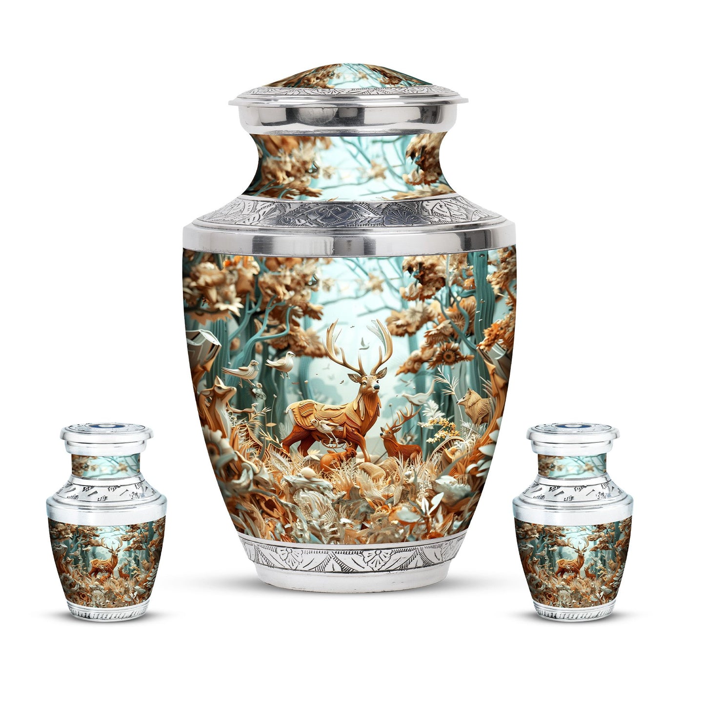 Deer Family Theme Large Urn With 2 Keepsake Urn