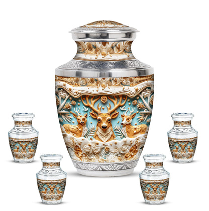 Deer Family Theme Large Urn With 4 Keepsake Urn