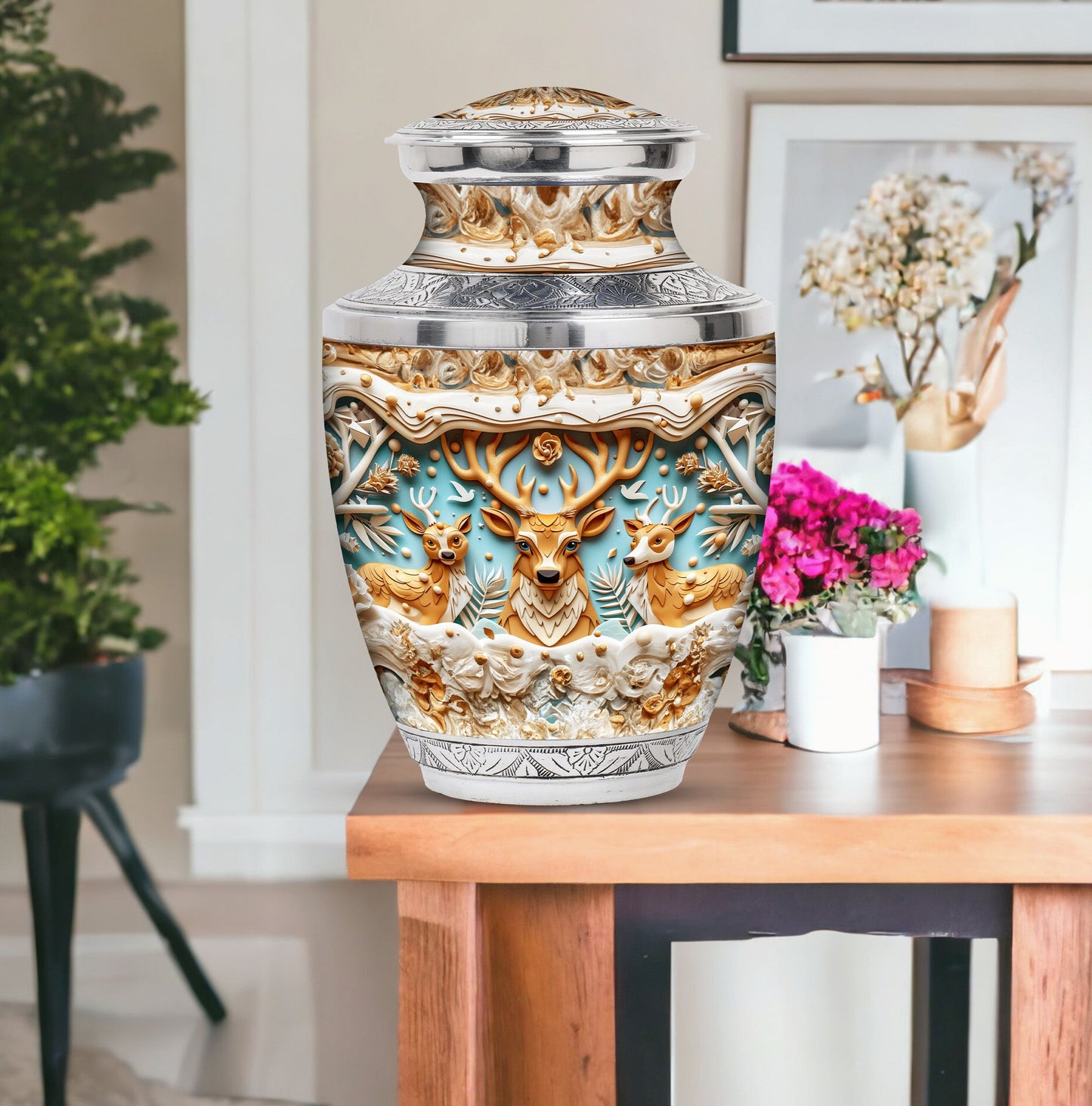 Deer Family Theme Large Urn With 1 Keepsake Urn