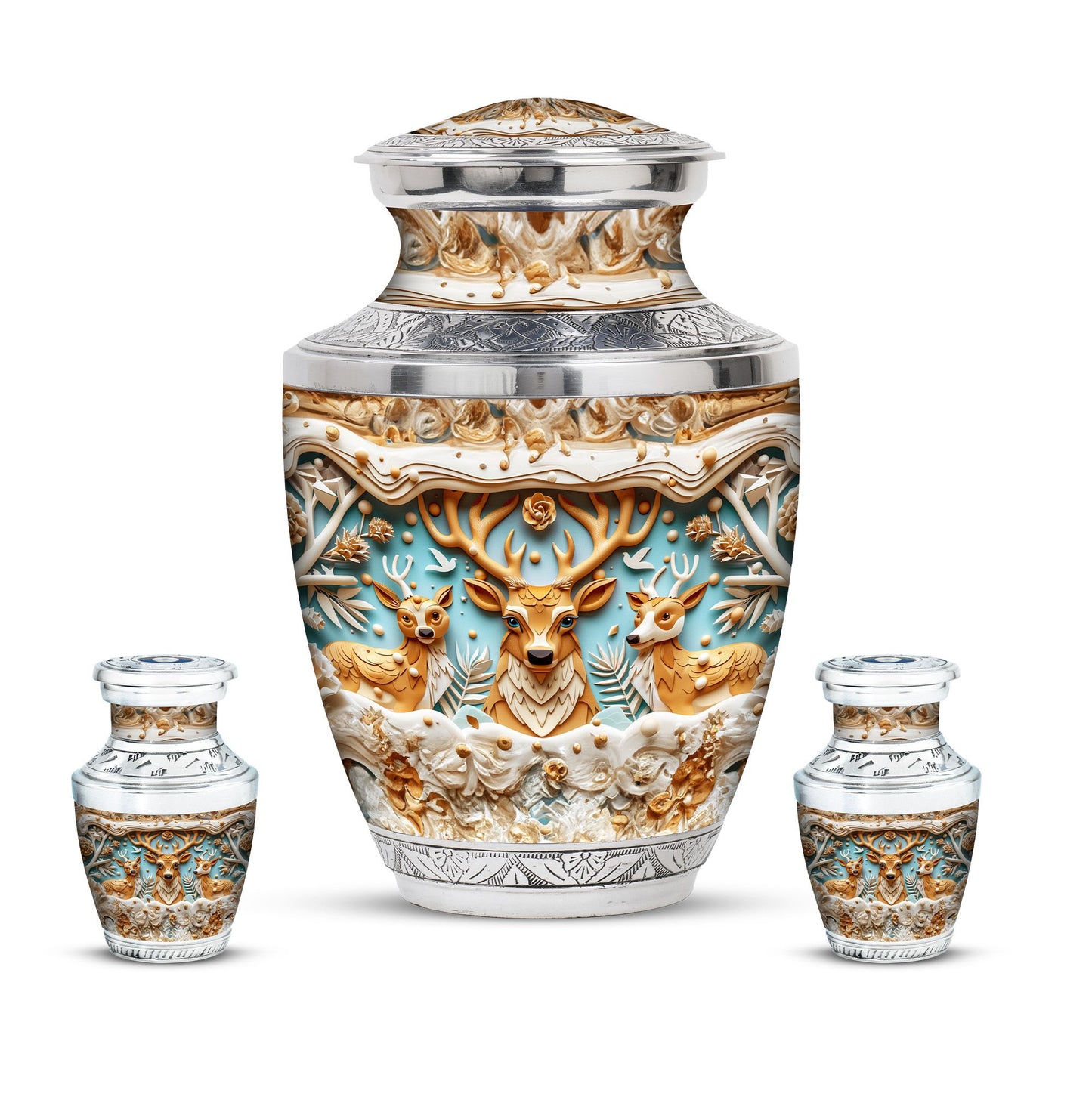 Deer Family Theme Large Urn With 2 Keepsake Urn