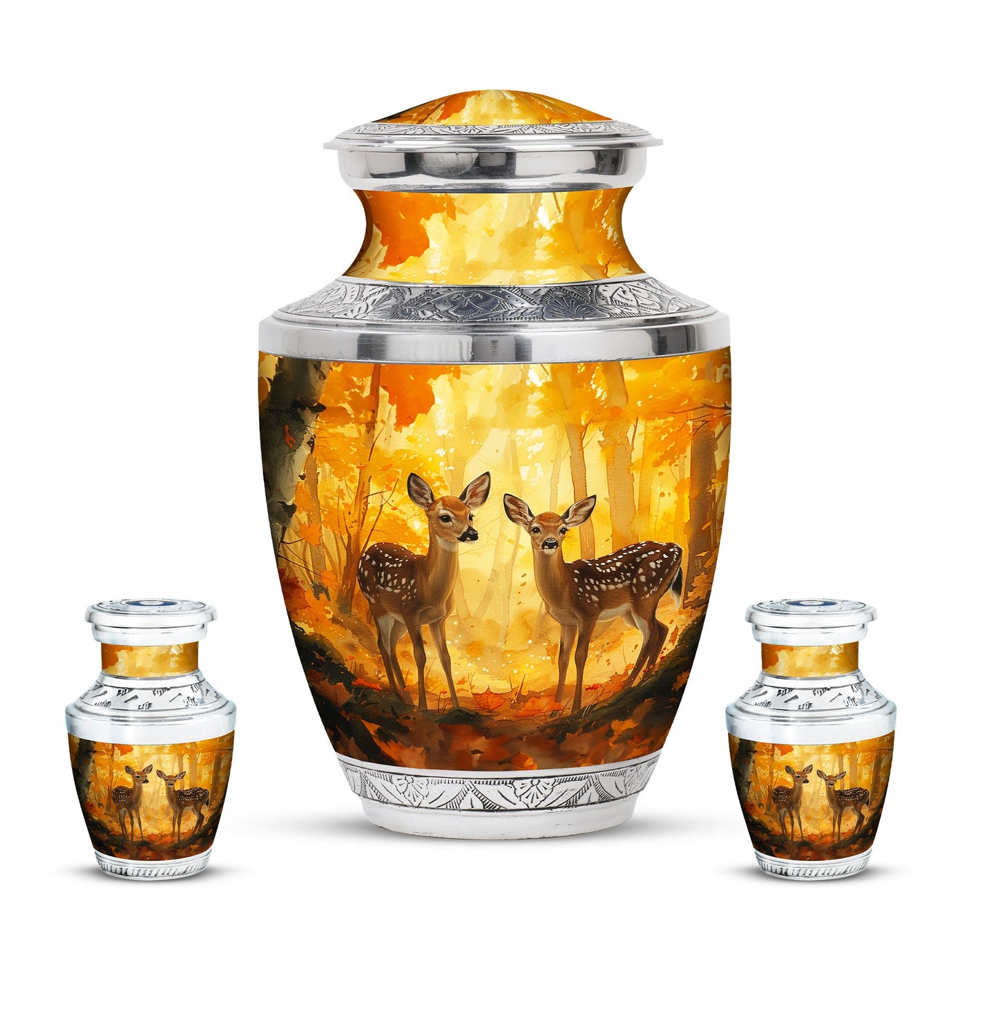 Deer Family Theme Large Urn With 2 Keepsake Urn