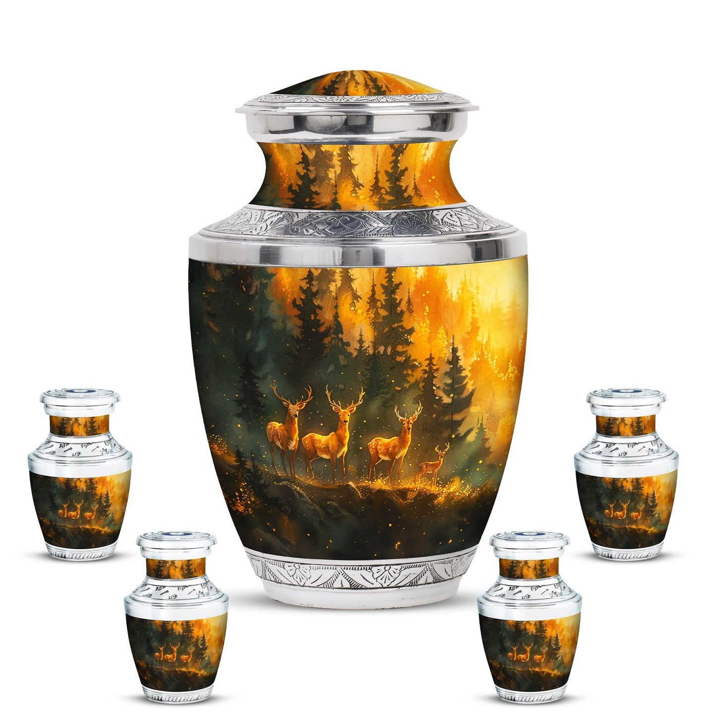Deer Family Theme Large Urn With 4 Keepsake Urn