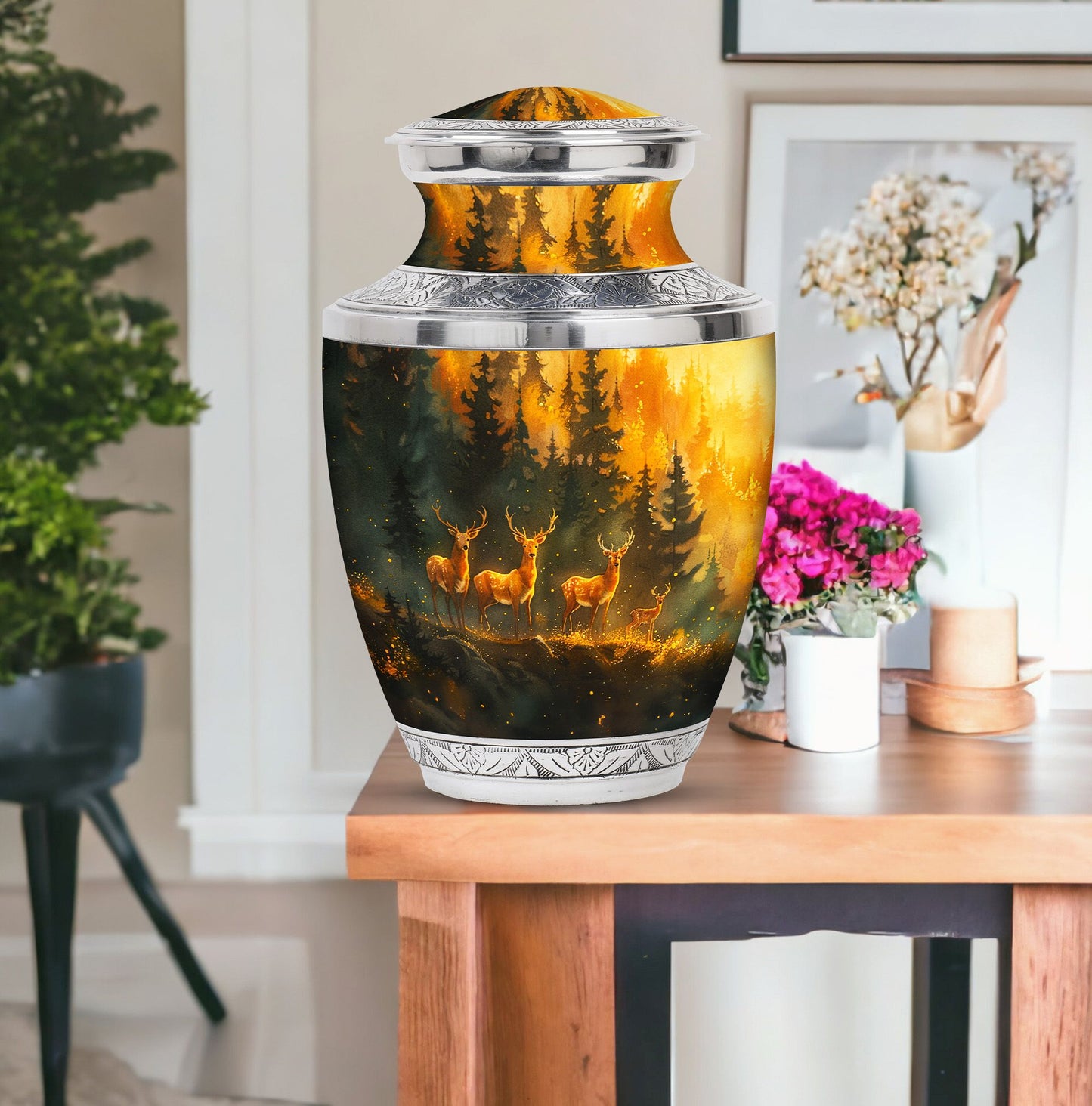 Deer Family Theme Large Urn With 1 Keepsake Urn
