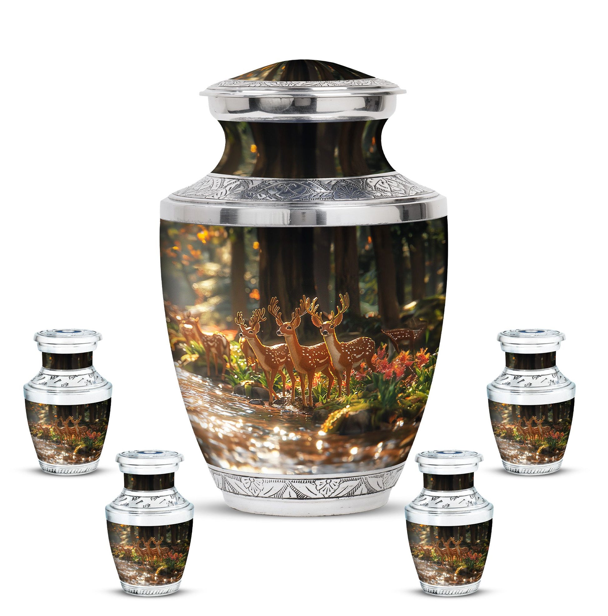 Deer Family Theme Large Urn With 4 Keepsake Urn