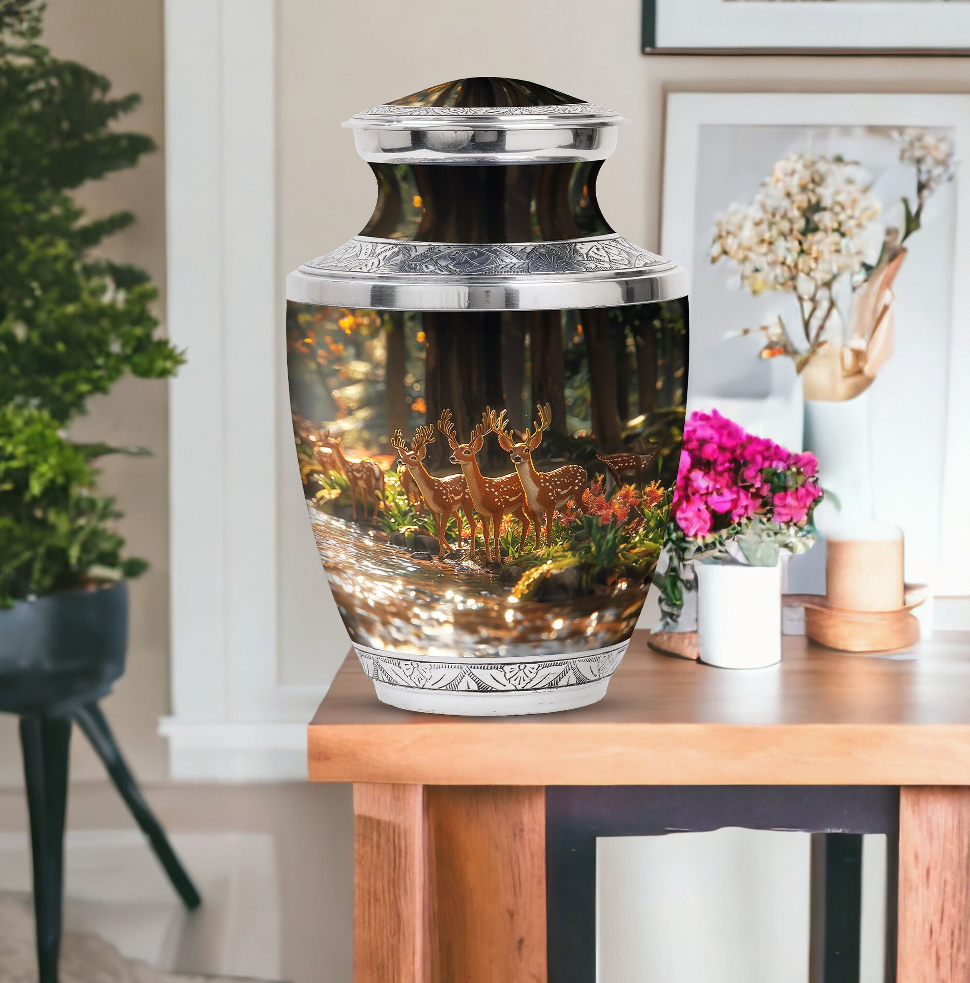 Deer Family Theme Large Urn With 1 Keepsake Urn