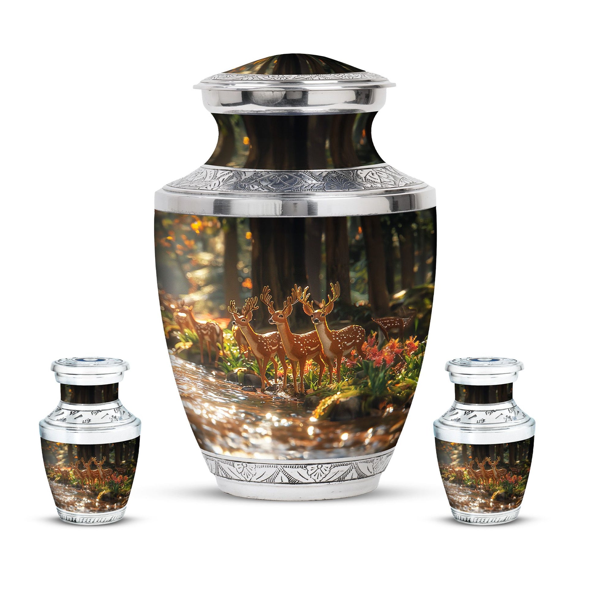 Deer Family Theme Large Urn With 2 Keepsake Urn