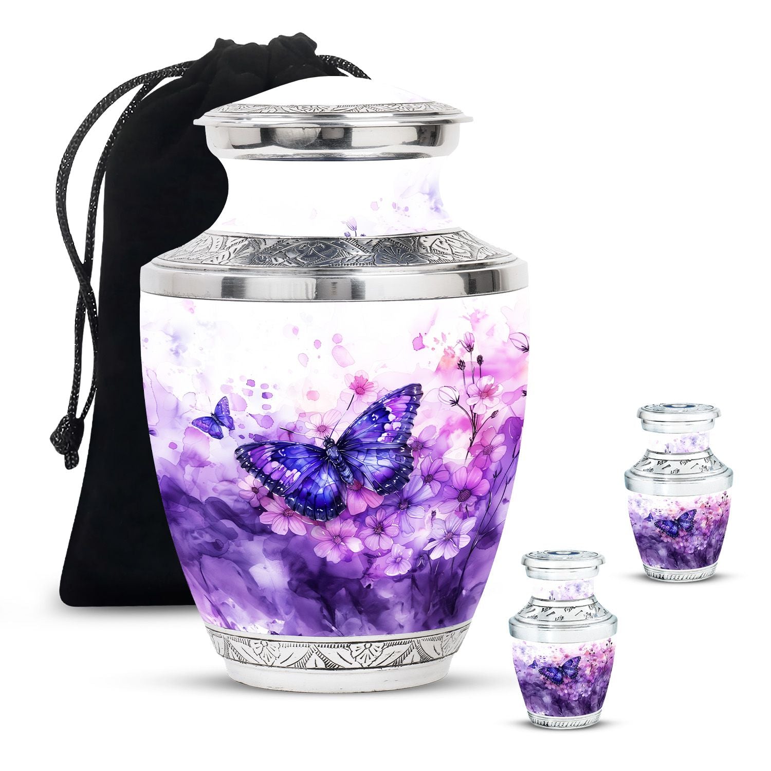Butterfly Theme Large Urn With 2 Keepsake Urn