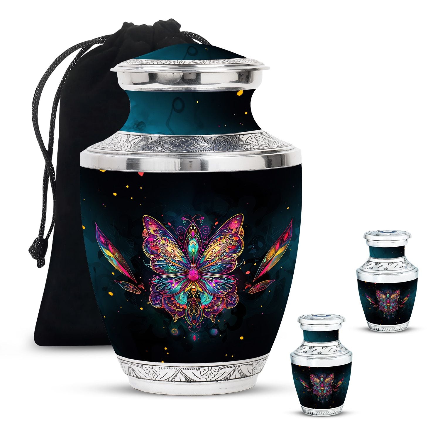 Butterfly Theme Large Urn With 2 Keepsake Urn