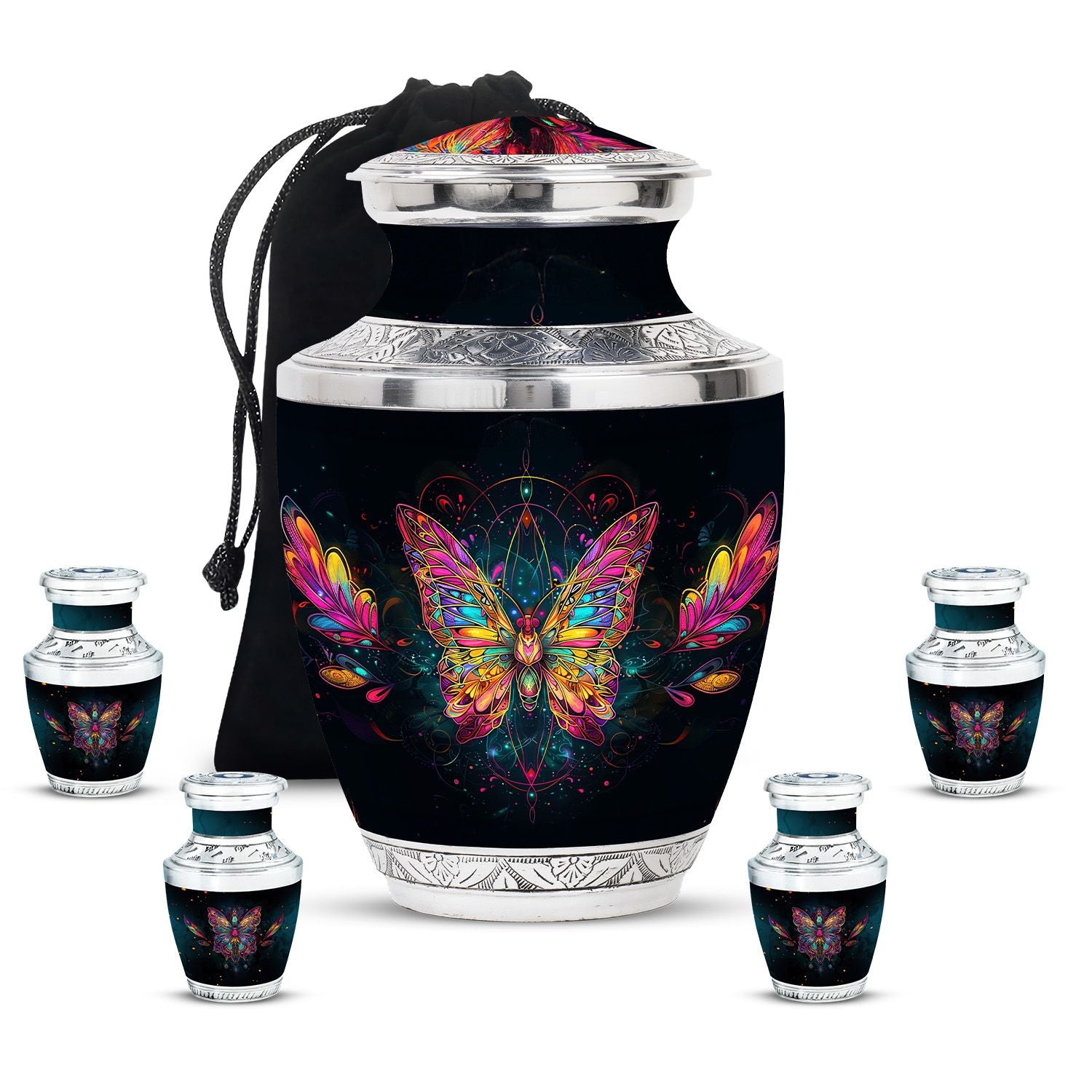Butterfly Theme Large Urn With 4 Keepsake Urn