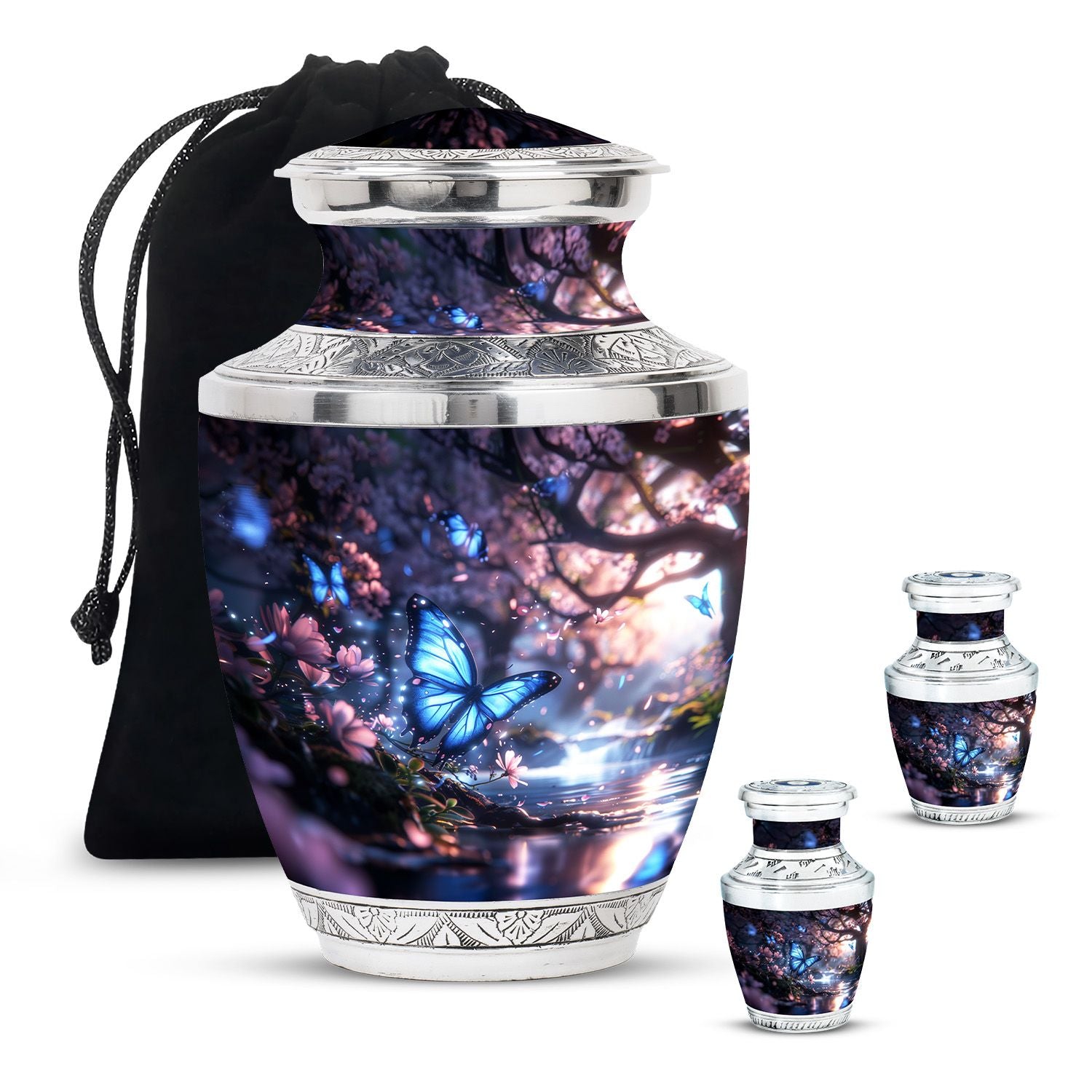 Butterfly Theme Large Urn With 2 Keepsake Urn