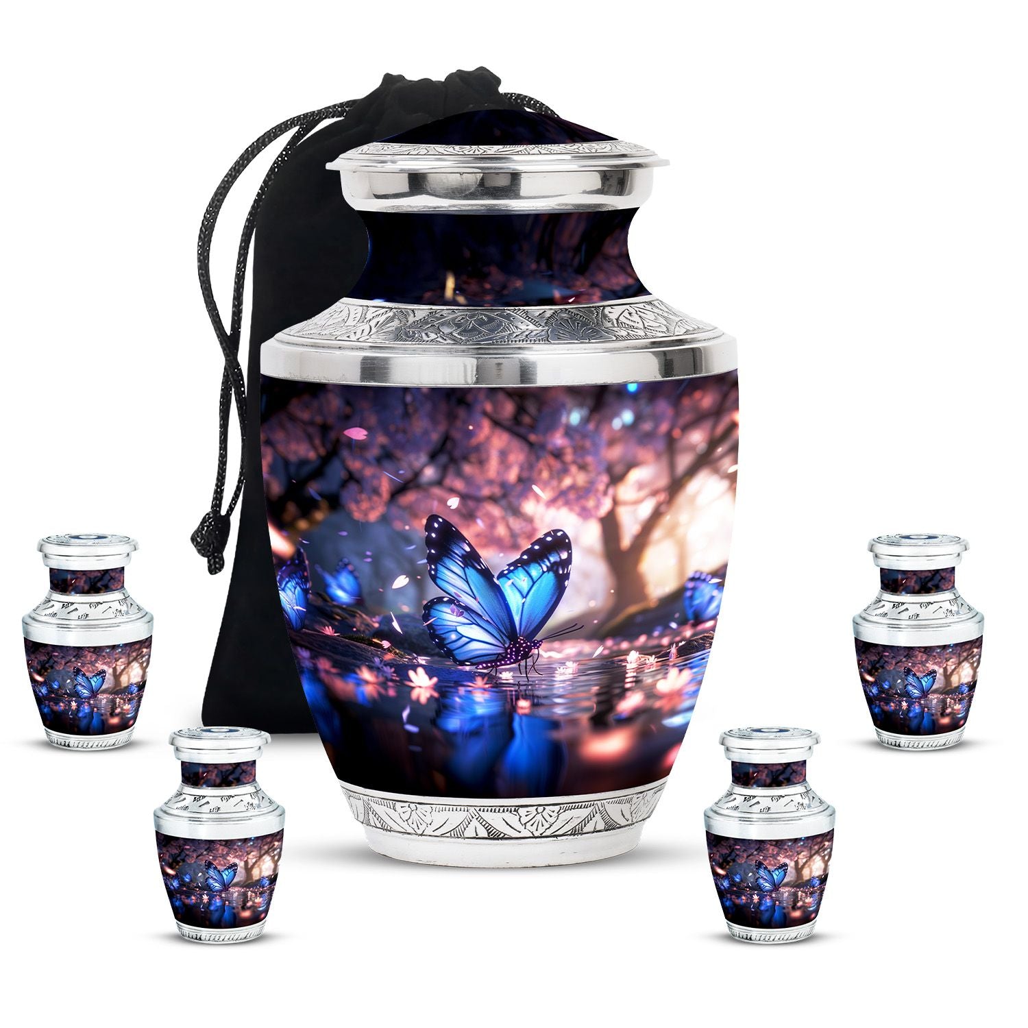 Butterfly Theme Large Urn With 4 Keepsake Urn