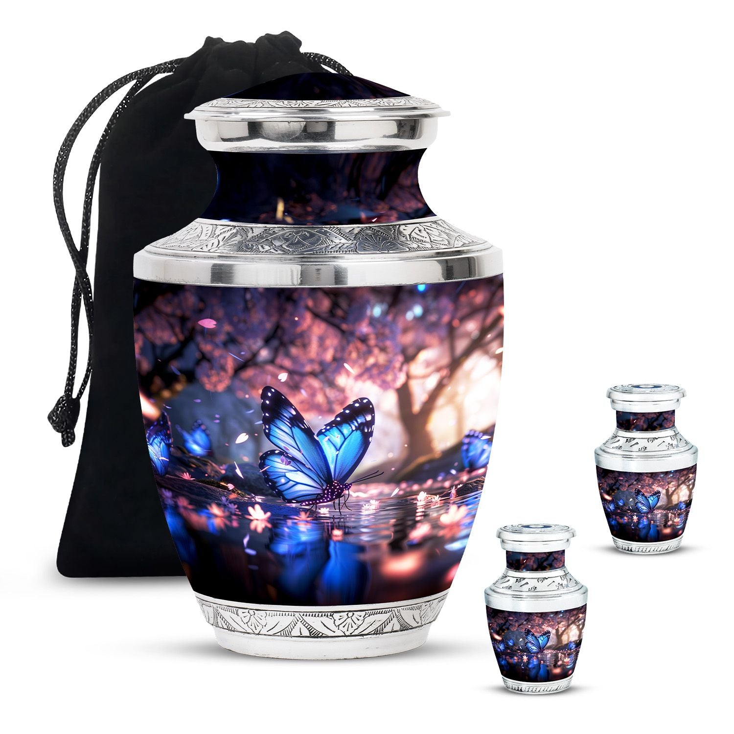 Butterfly Theme Large Urn With 2 Keepsake Urn