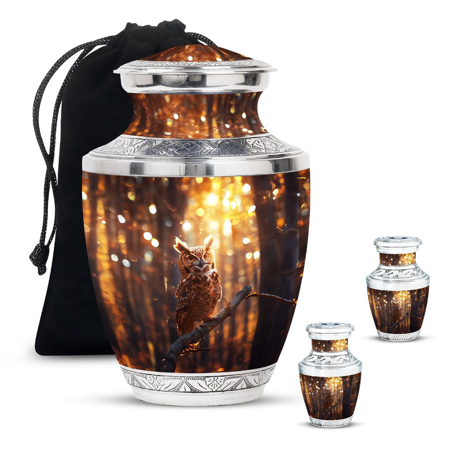 Owl Theme Large Urn With 2 Keepsake Urn
