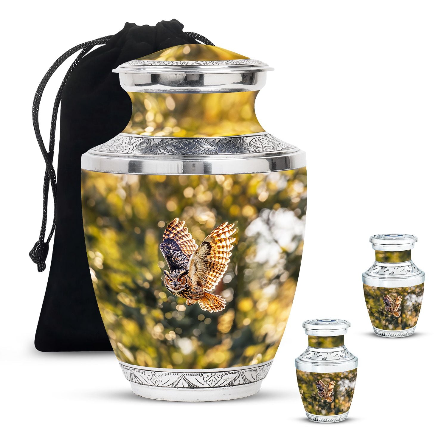 Owl Theme Large Urn With 2 Keepsake Urn