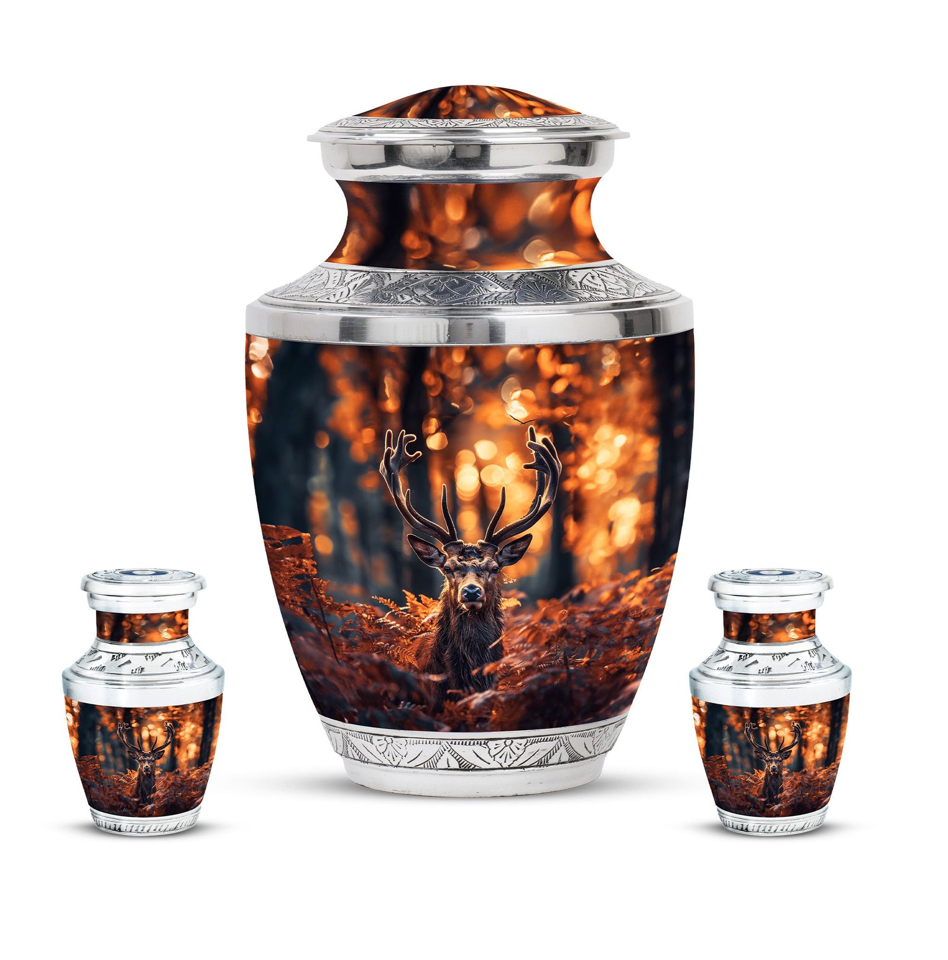 Deer Theme Large Urn With 2 Keepsake Urn