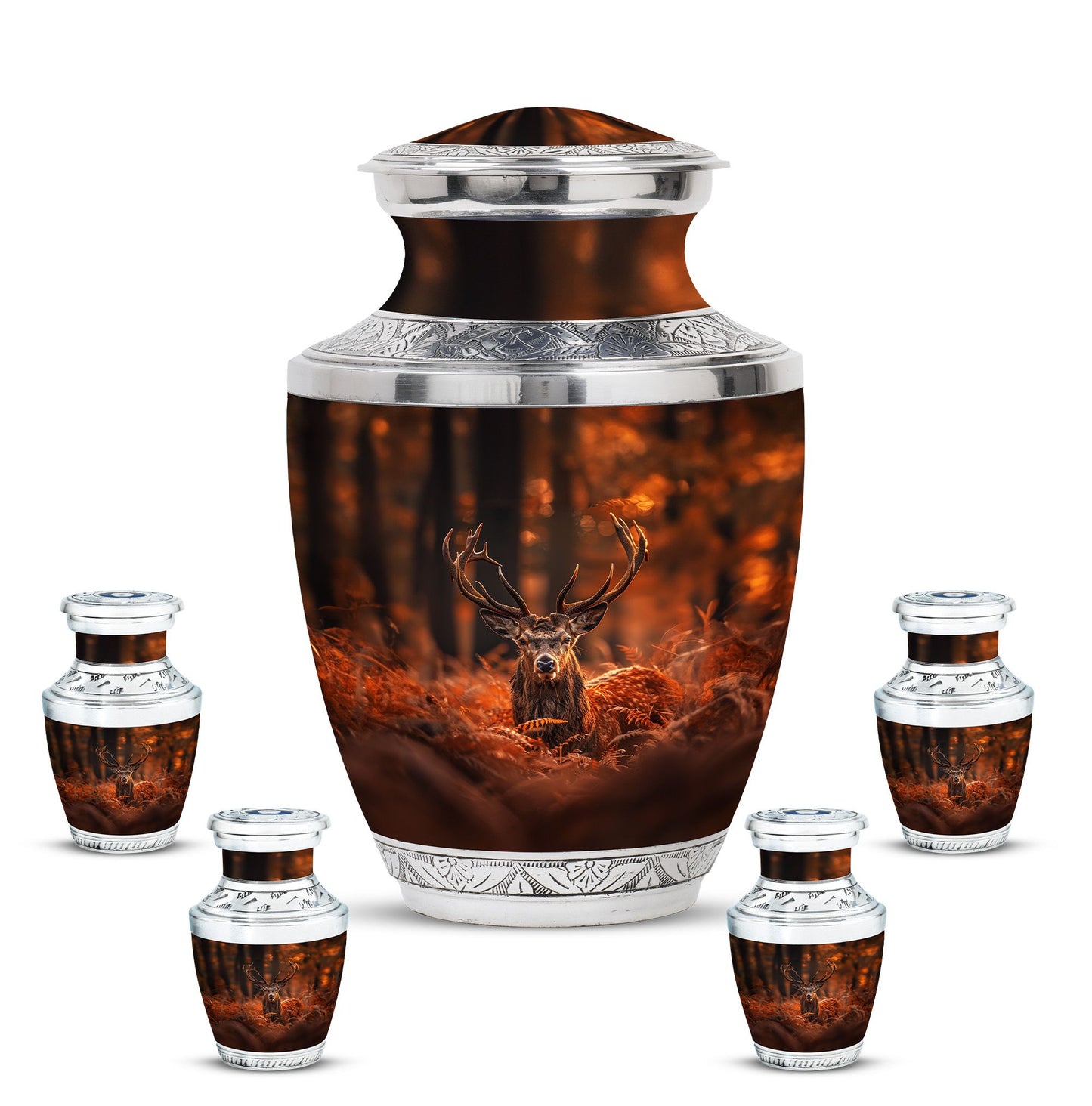 Deer Theme Large Urn With 4 Keepsake Urn