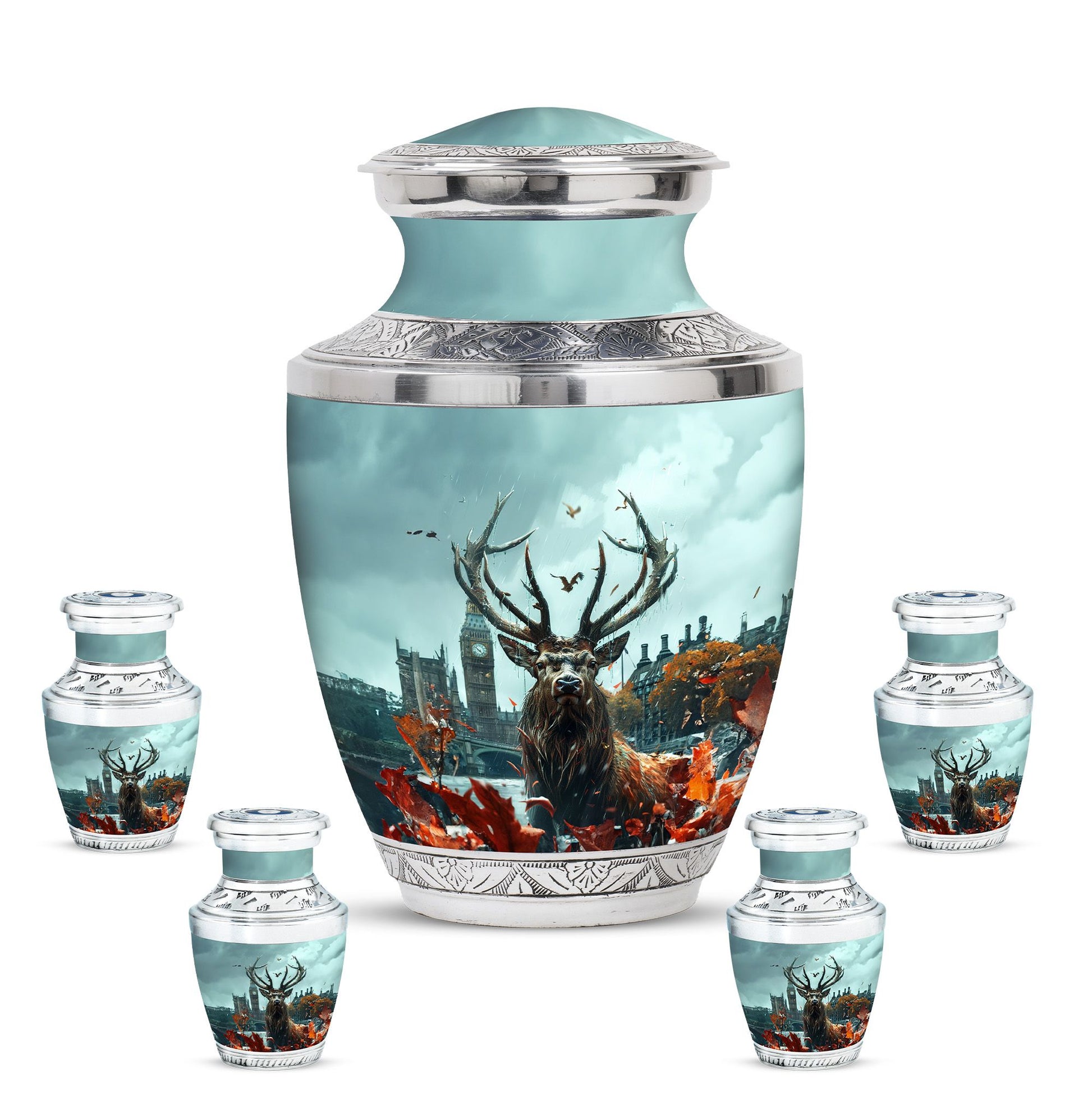 Deer Theme Large Urn With 4 Keepsake Urn