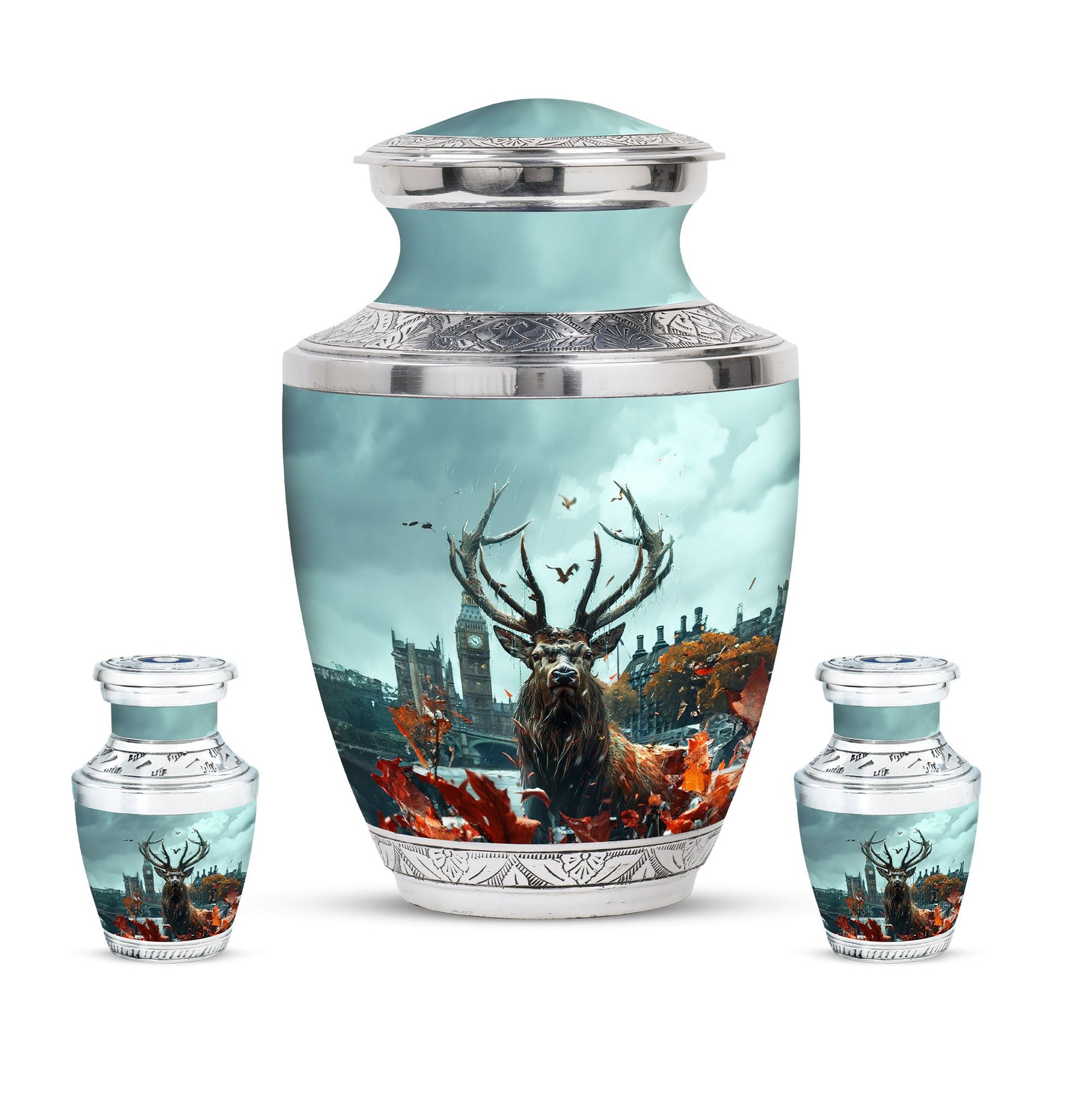 Deer Theme Large Urn With 2 Keepsake Urn