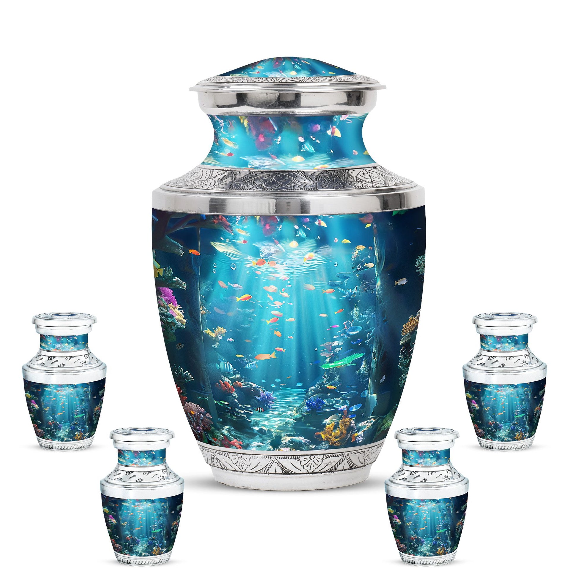 Fish Theme Large Urn With 4 Keepsake Urn