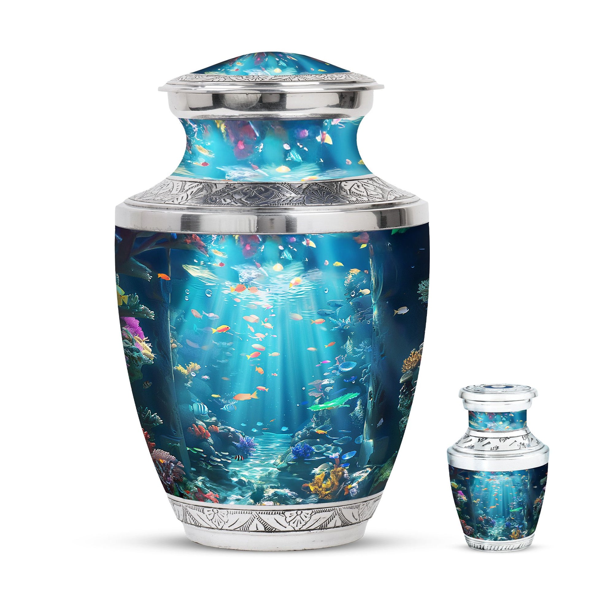 Fish Theme Large Urn With 1 Keepsake Urn