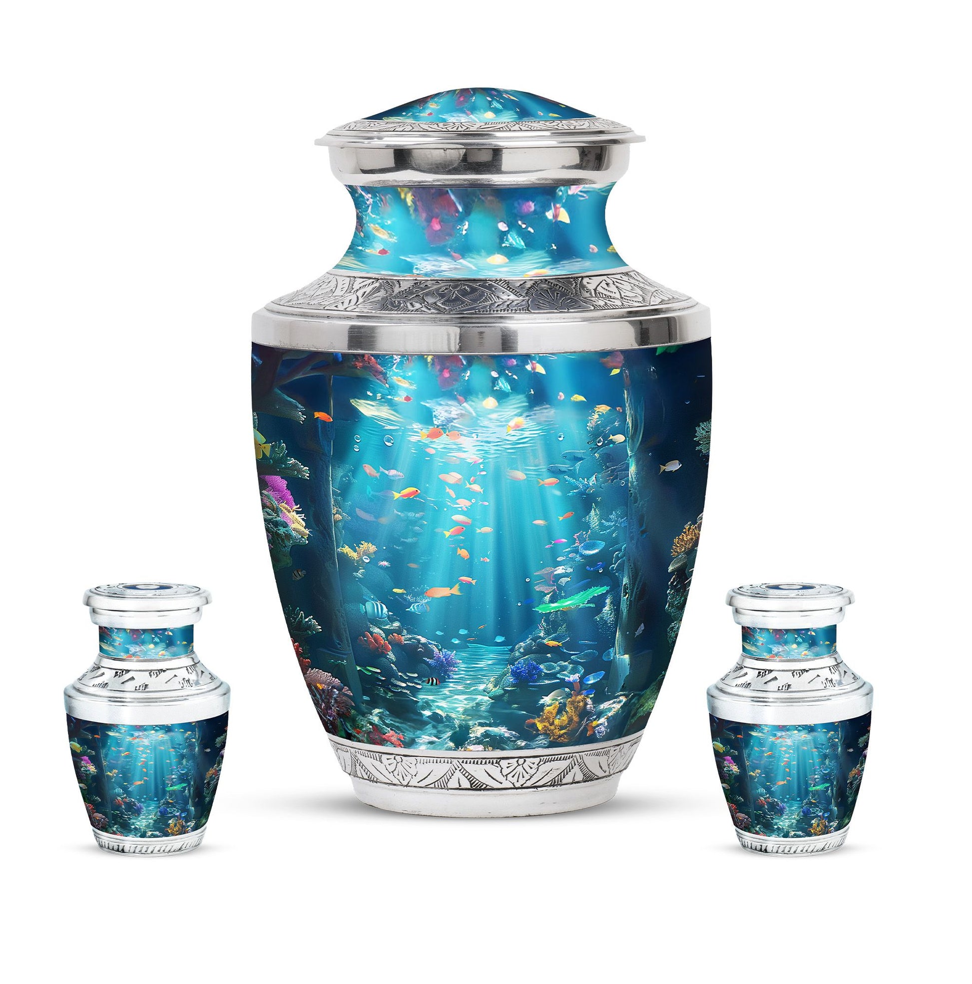 Fish Theme Large Urn With 2 Keepsake Urn