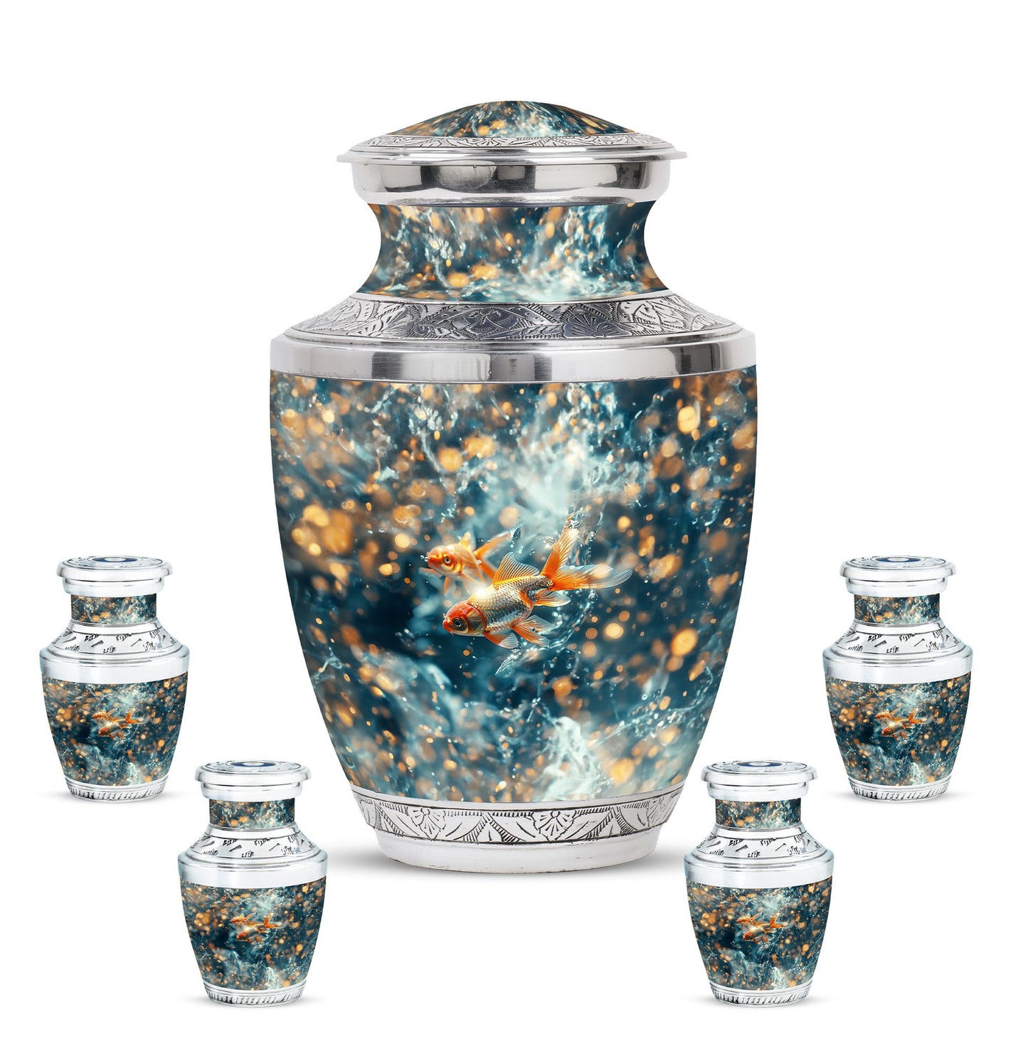 Fish Theme Large Urn With 4 Keepsake Urn